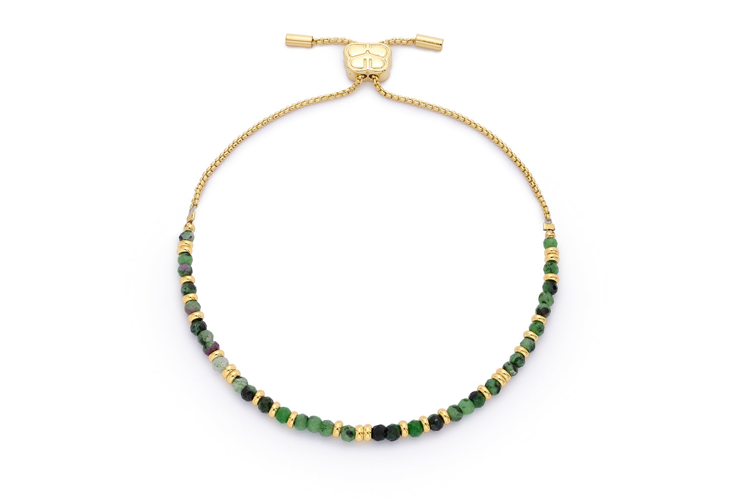 Mystical Gold Ruby Zoisite Gemstone Bracelet with vibrant green and berry-hued gemstone beads, gold-plated accents, and an adjustable slider for a perfect fit.