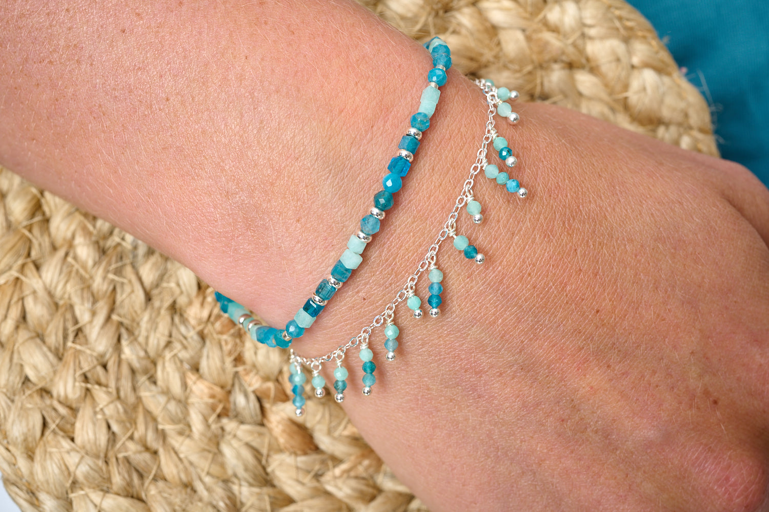 Navagio Amazonite & Apatite Bracelet Stack styled for beach-ready calm, with soothing crystal tones and silver details perfect for mindful gifting and everyday boho stacking.