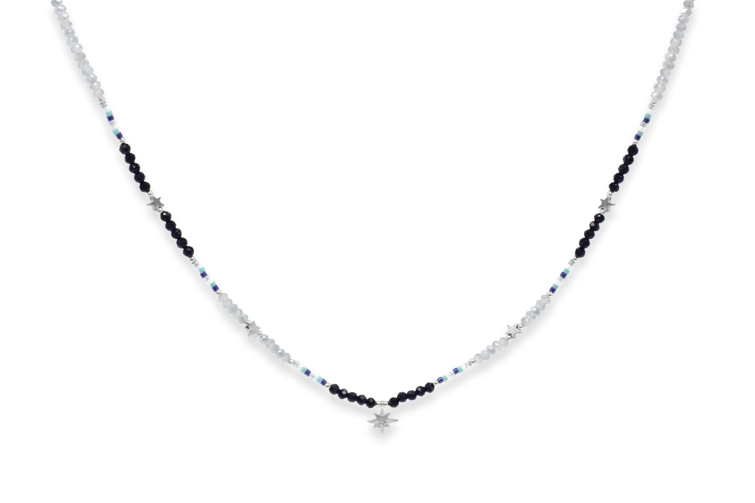 Aditi Black Silver Beaded Star Necklace #color_Silver