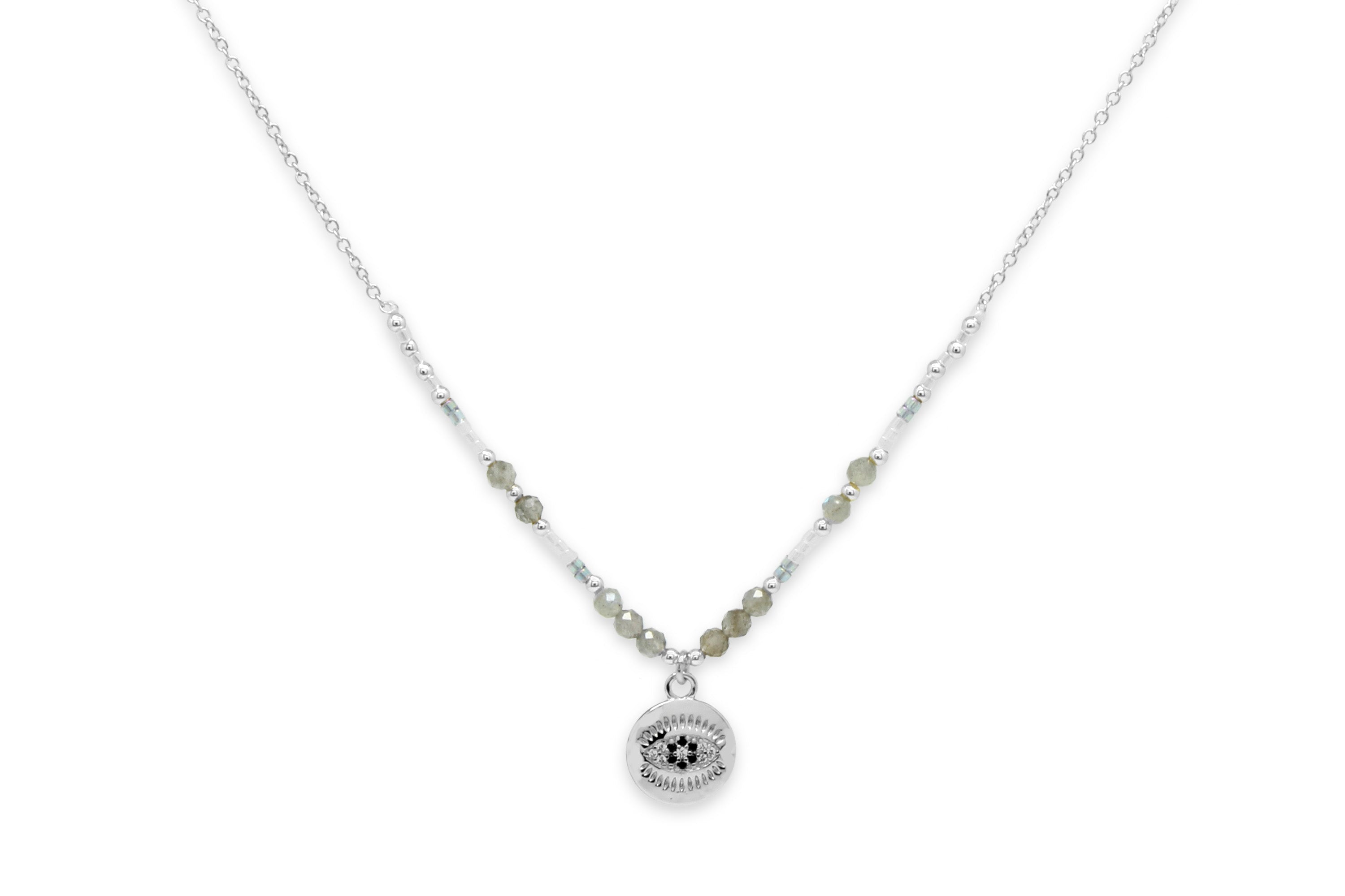 Fortuna Labradorite Silver Evil Eye Necklace #color_Silver