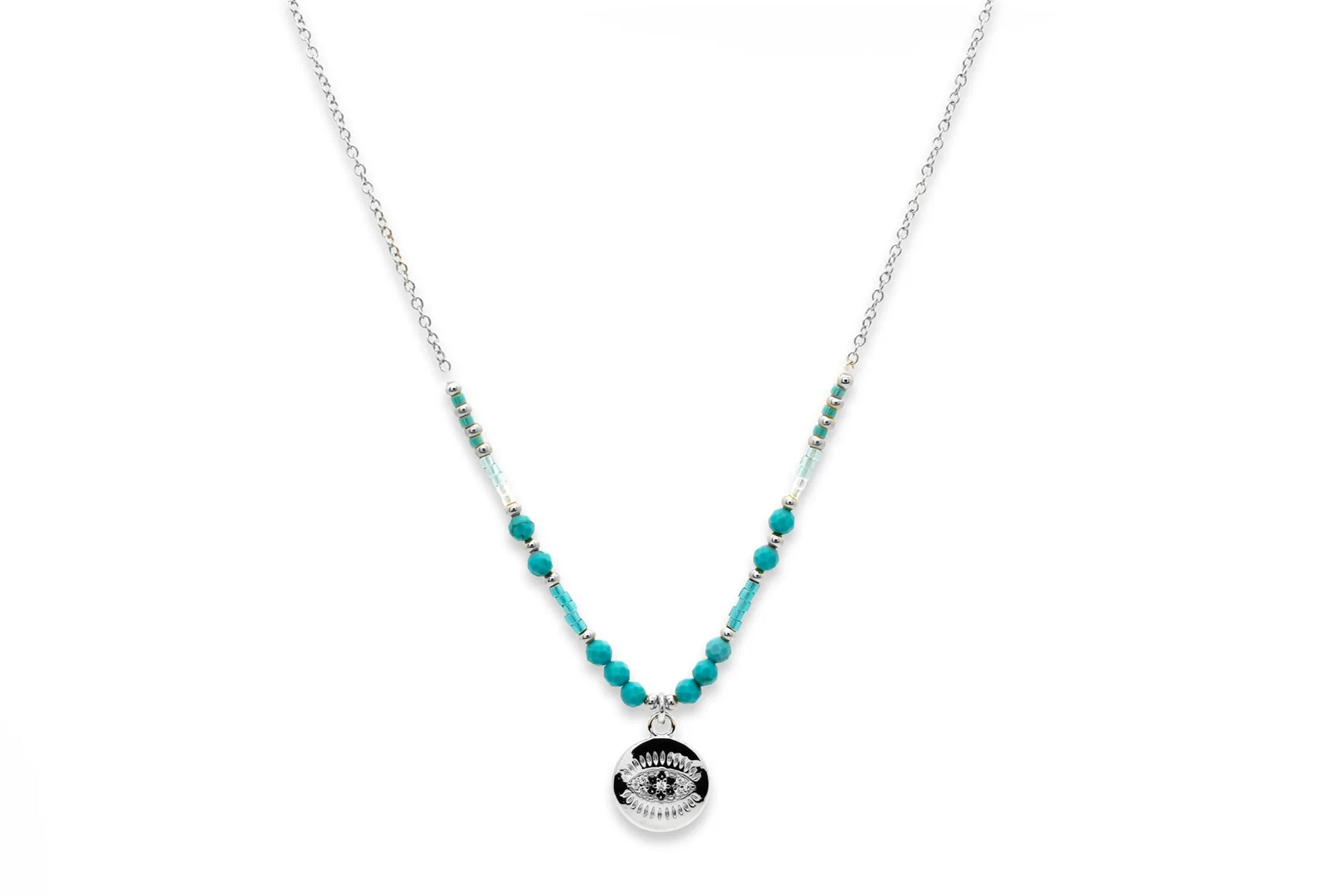 Fortuna Turquoise Silver Evil Eye Necklace #color_Silver