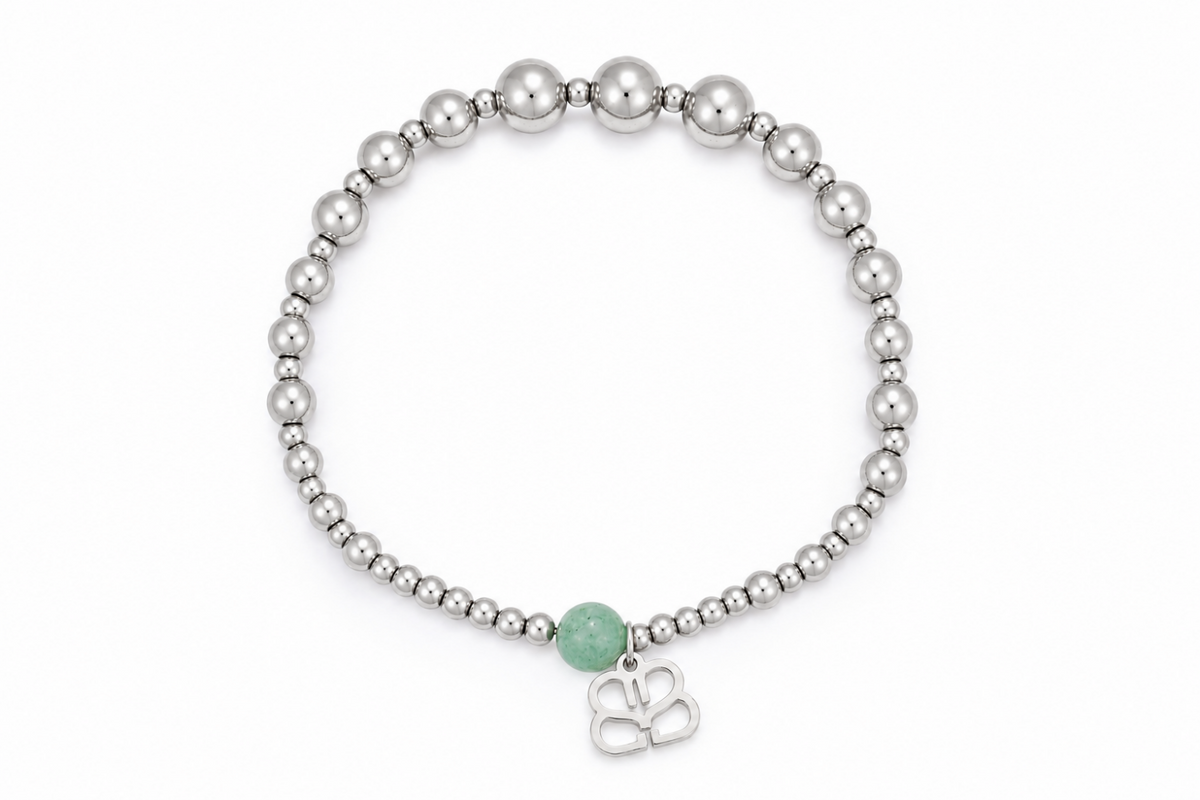 Noa waterproof silver bead stretch bracelet by Boho Betty – polished silver beads with a single amazonite stone and logo charm, 18cm stretch fit, stackable and waterproof