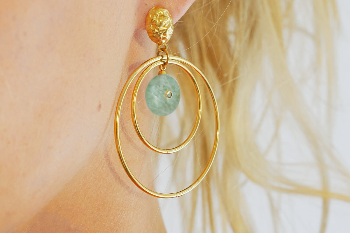 Onda Amazonite Gemstone Gold Statement Earrings by Boho Betty, waterproof and drop down. 