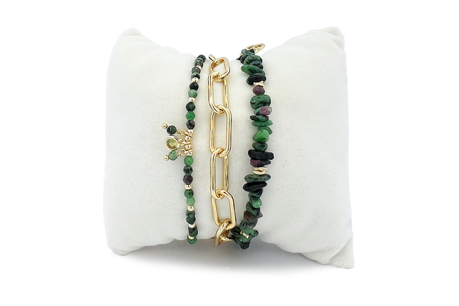 Parida Ruby Zoisite & Gold Bracelet Stack with Sana rough-cut ruby zoisite stretch, Ukelele chunky gold oval-link chain and Basilia green-cord charm bracelet, 12k/14k gold accents