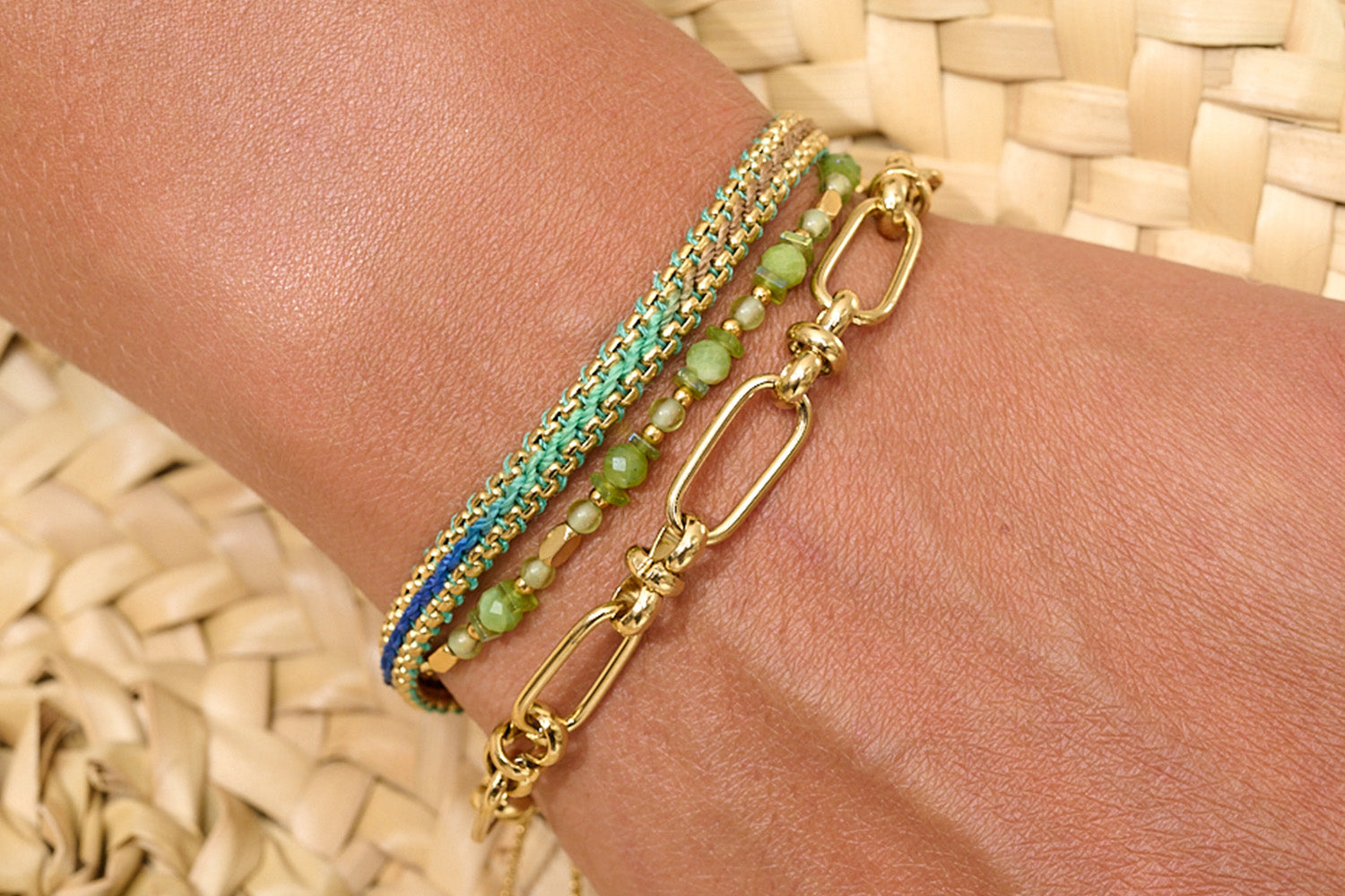Pemba Gold & Green Bracelet Stack featured on wrist with Boho Betty stacking bracelets