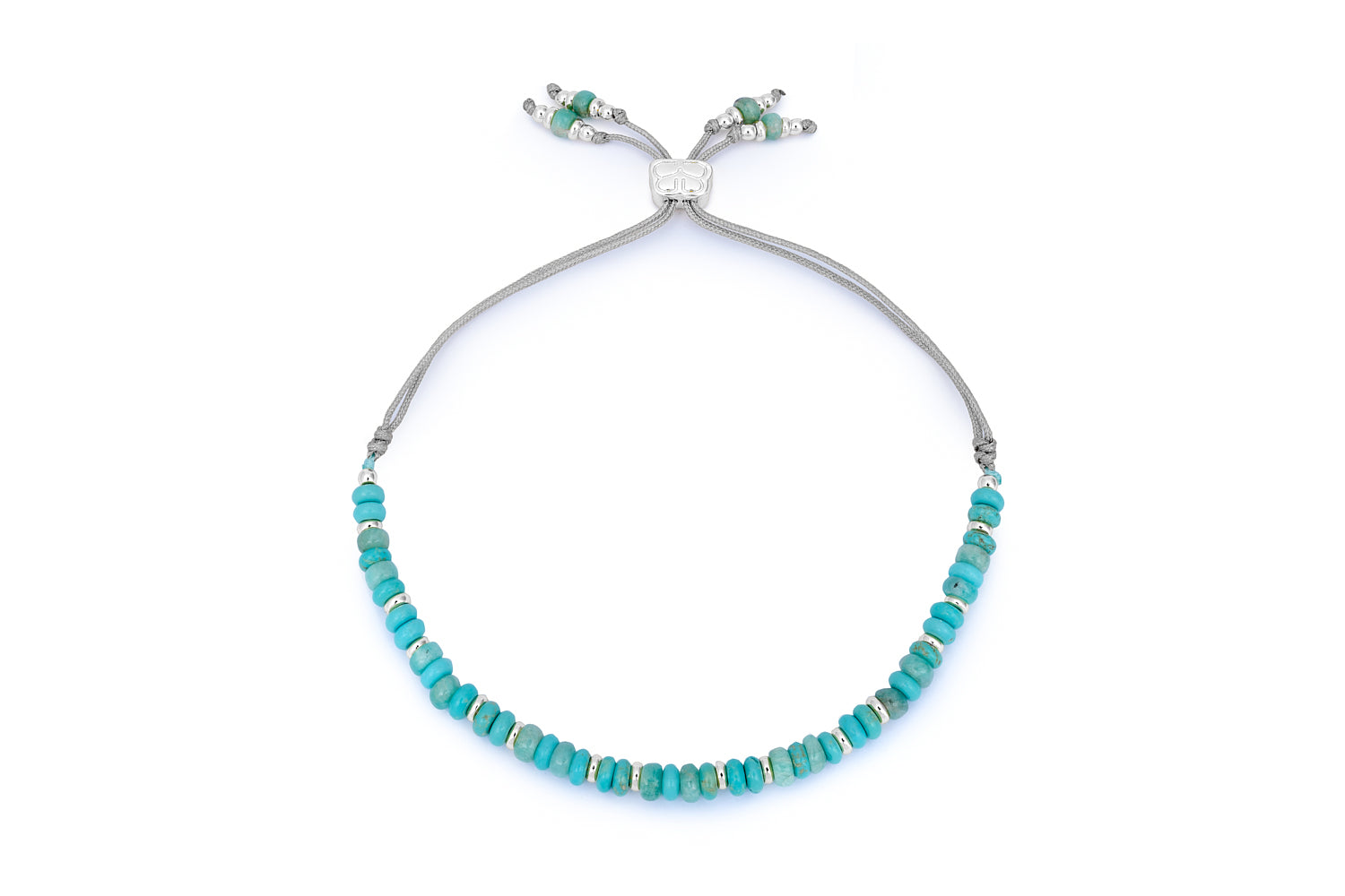 Penny Amazonite & Turquoise Howlite Silver Slider Bracelet featuring smooth blue Amazonite and Howlite gemstone beads with silver-plated accents and an adjustable thread slider.