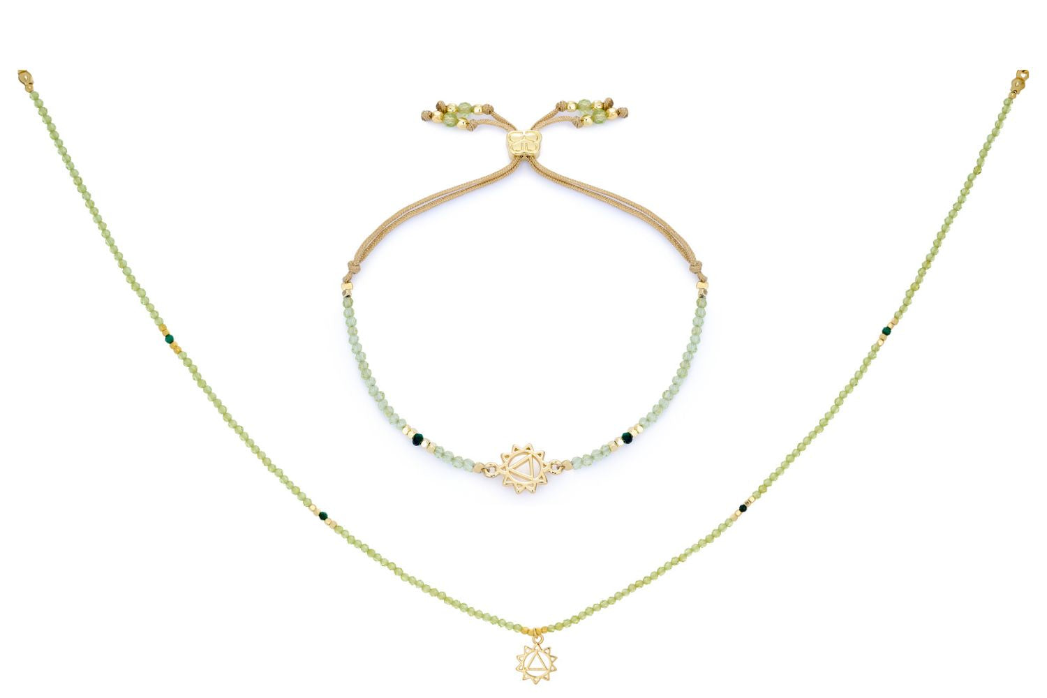 Peridot & Malachite Gold Solar Plexus Chakra Necklace and Bracelet Set featuring pale green peridot beads, deep green malachite accents, gold-plated beads, and a Solar Plexus Chakra charm symbolising confidence and energy.