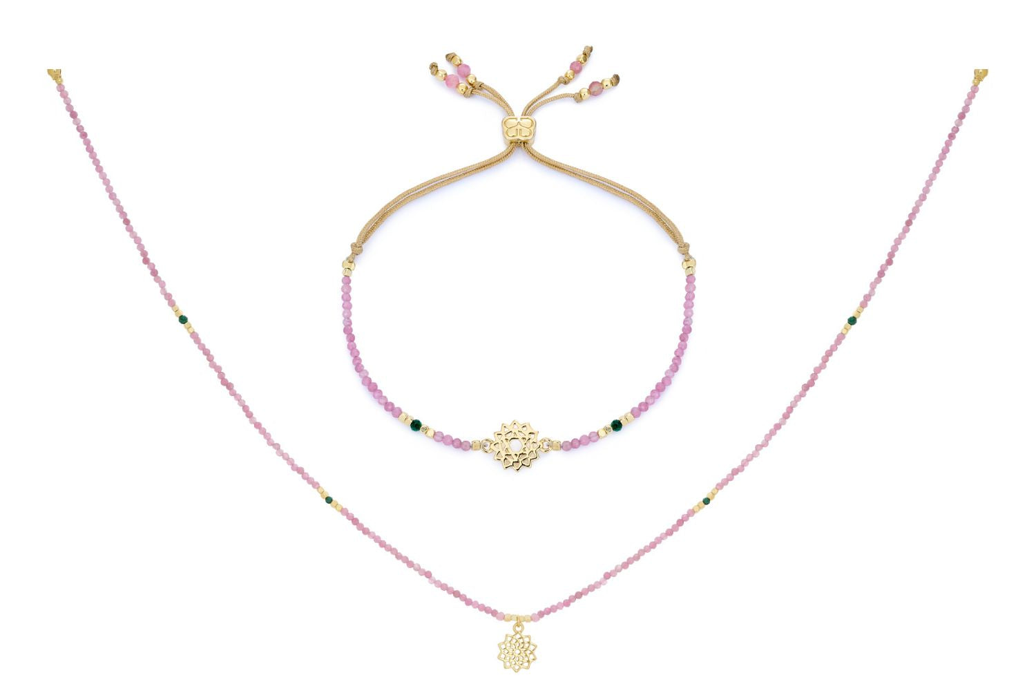 Pink Tourmaline & Malachite Gold Heart Chakra Necklace and Bracelet Set featuring soft pink beads, deep green malachite accents, gold-plated details, and a Heart Chakra charm symbolising love and emotional balance.