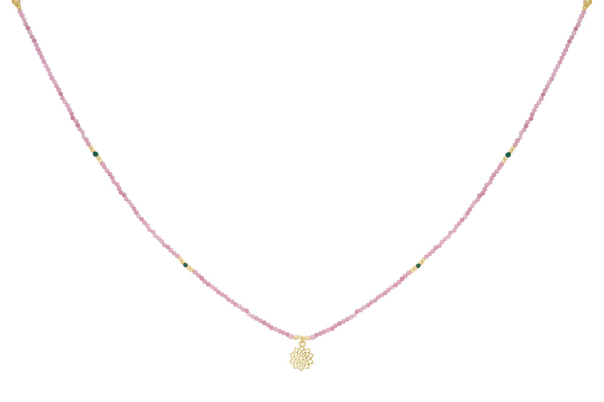 Pink Tourmaline & Malachite Gold Heart Chakra Necklace