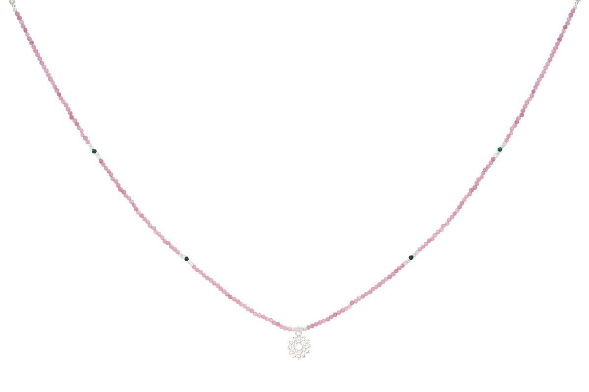 Pink Tourmaline & Malachite Silver Heart Chakra Necklace