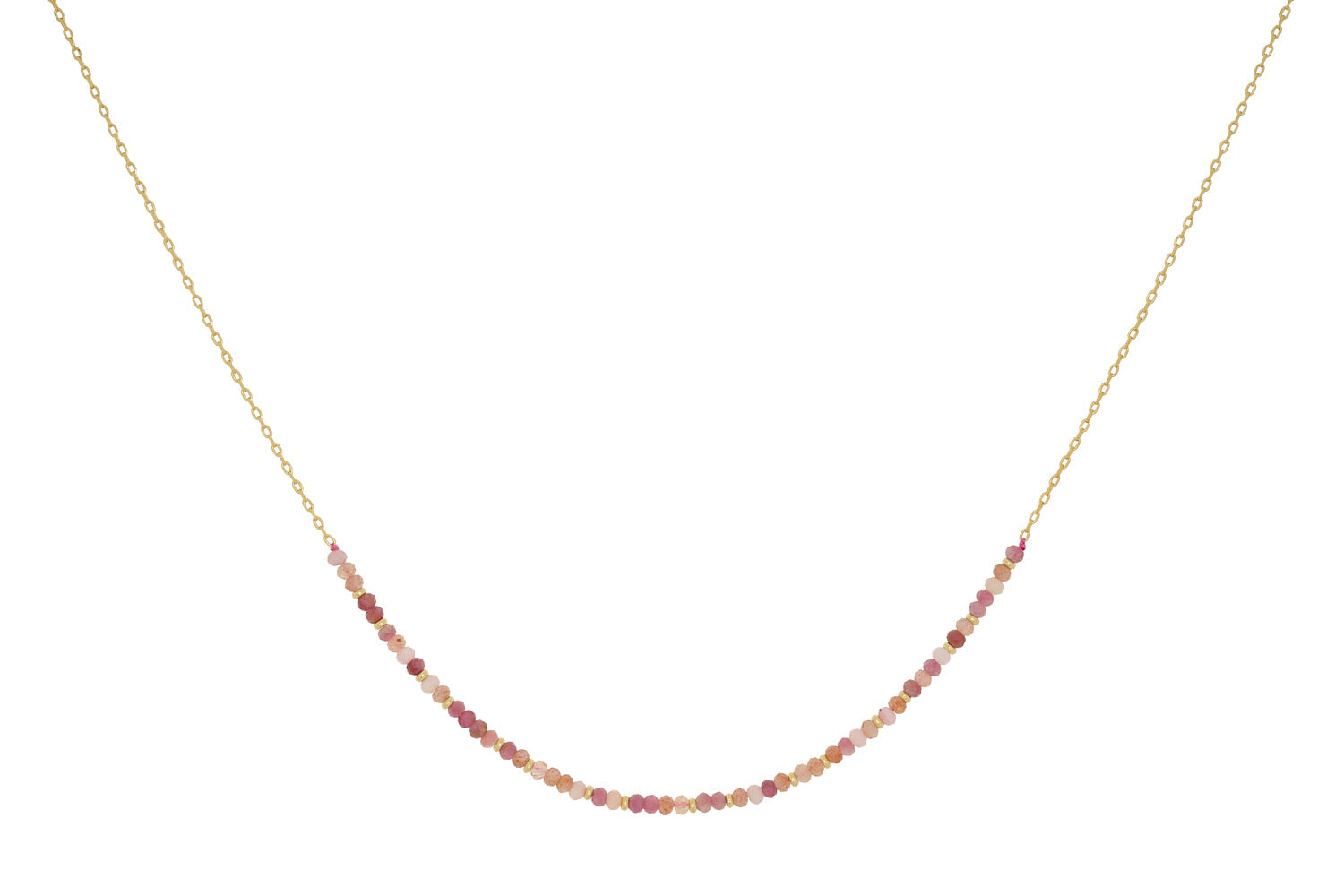Posey Pink Tourmaline Mix Gold Necklace with blush-toned gemstone beads and 12k gold-plated chain, designed for layering and soft sparkle.