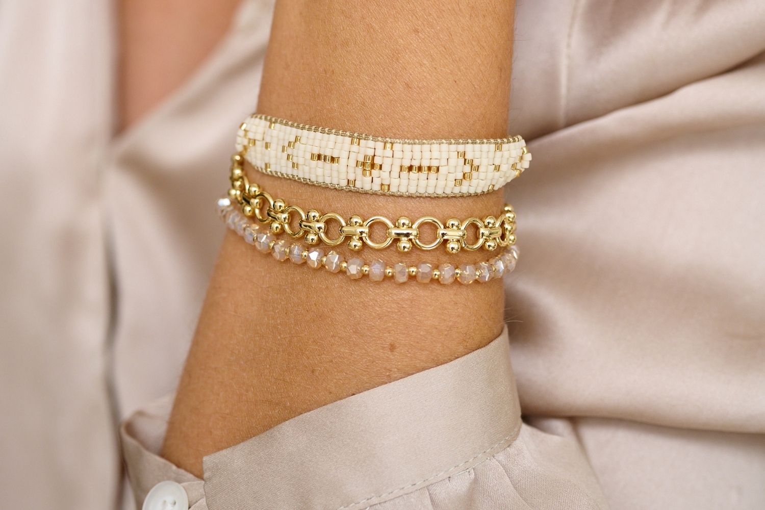 cream bracelet stack, cream and gold layered bracelets 