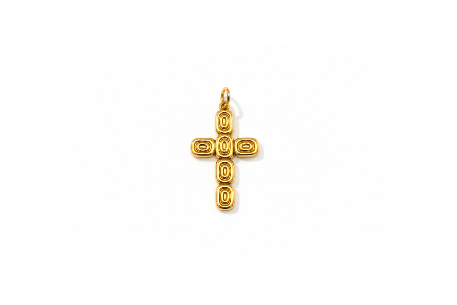 PVD Gold Cross Charm featuring a sculptural polished cross in waterproof 14k gold PVD stainless steel.