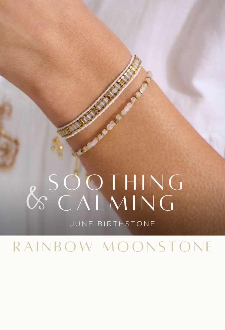Rainbow moonstone bracelet duo on a lady's wrist. The gemstone Rainbow Moonstone is said to promote clarity of the mind, to relieve stress, to spur creativity and intuition and to calm fears about the unknown. If you’re at an emotional crossroads in life, then this gemstone could help to show you the way.