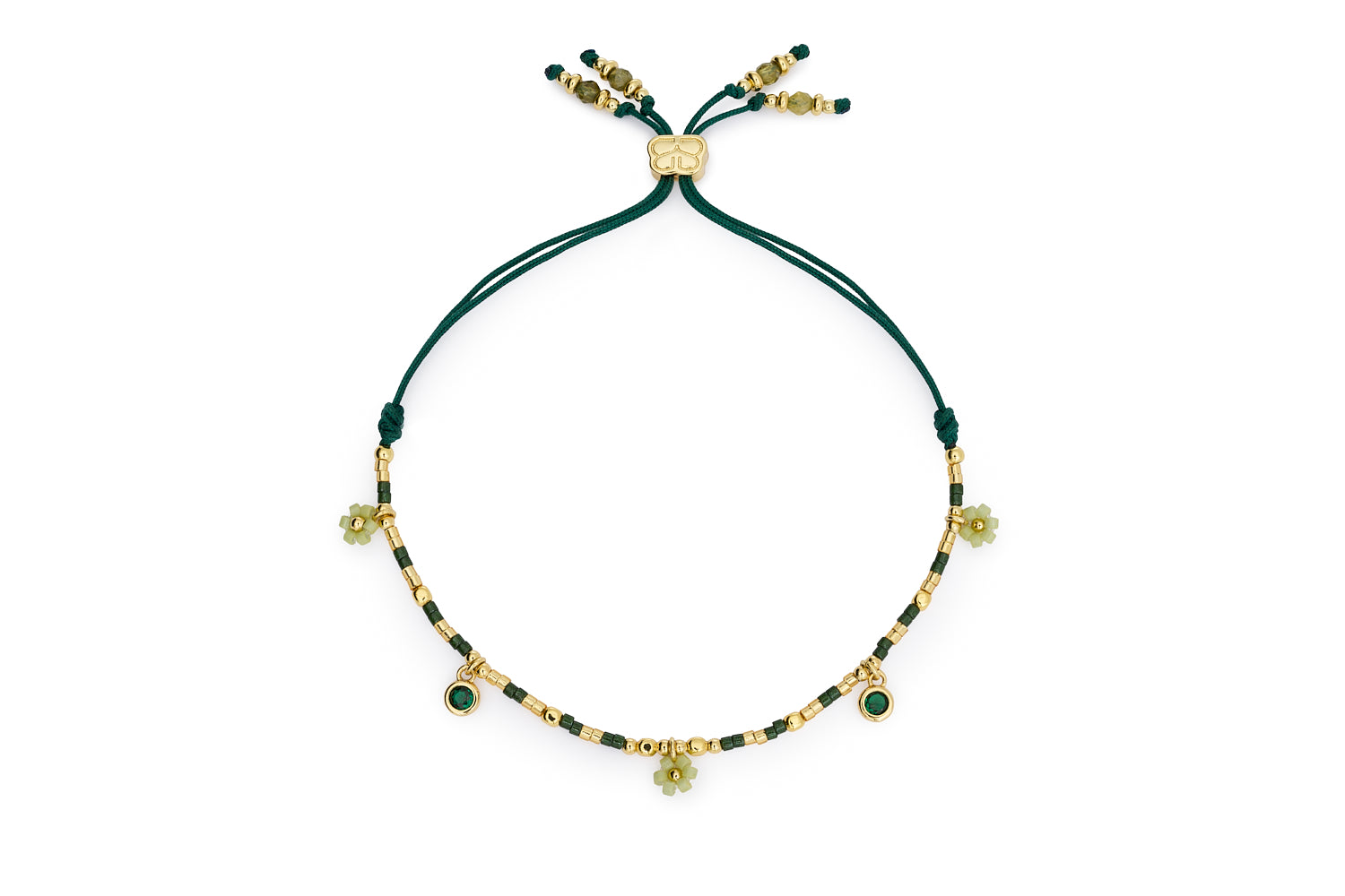 Rania Green & Gold Beaded Charm Bracelet featuring matte green Miyuki beads, 12k gold-plated floral charms, crystal accents, and a cord slider design.