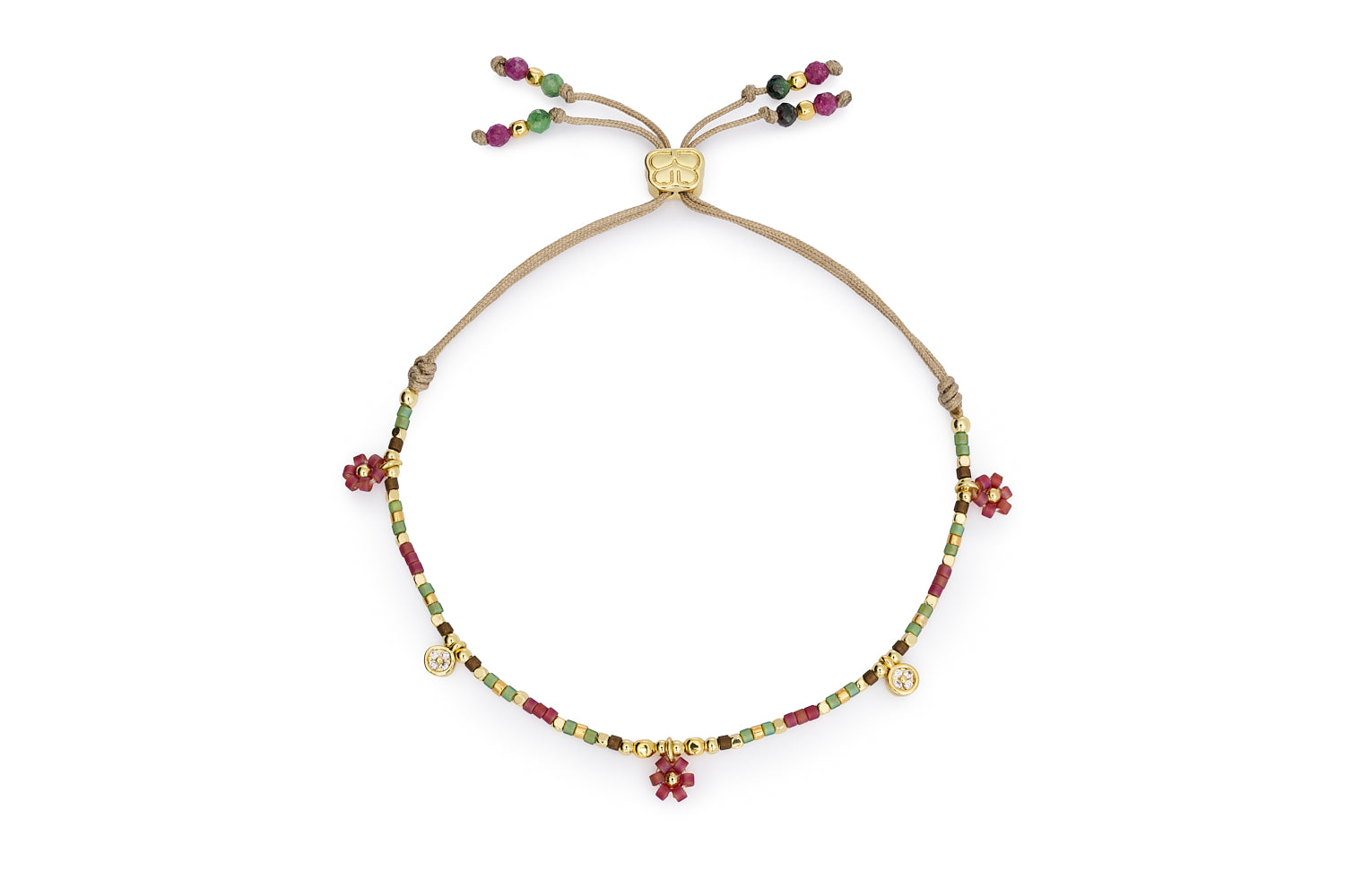 Rania Red & Green Gold Beaded Friendship Bracelet with cherry red and green Miyuki beads, gold floral charms, and crystal accents.