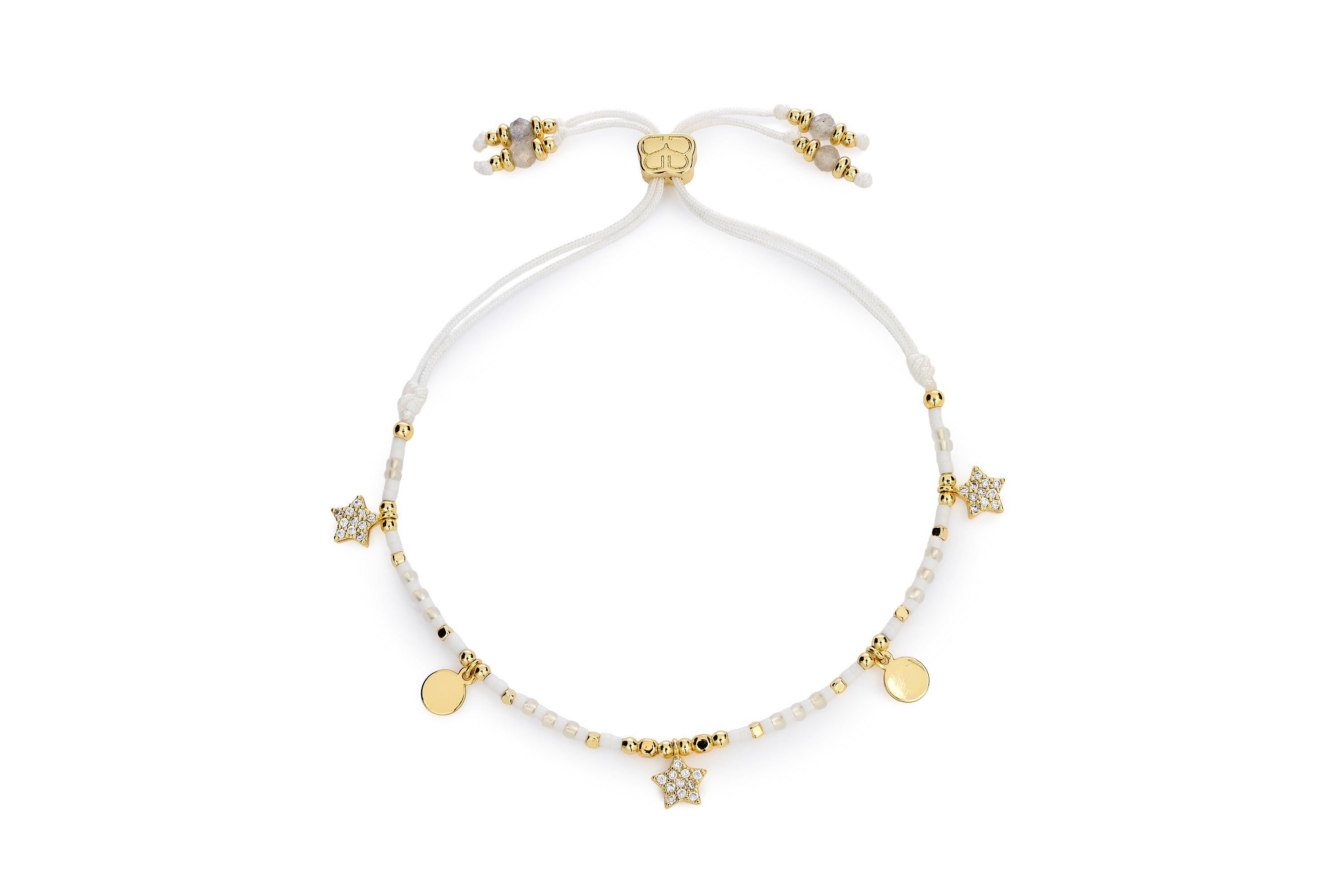 Rania White & Gold Beaded Star Charm Bracelet with white Miyuki beads, silver star charms, and adjustable cord for celestial styling.