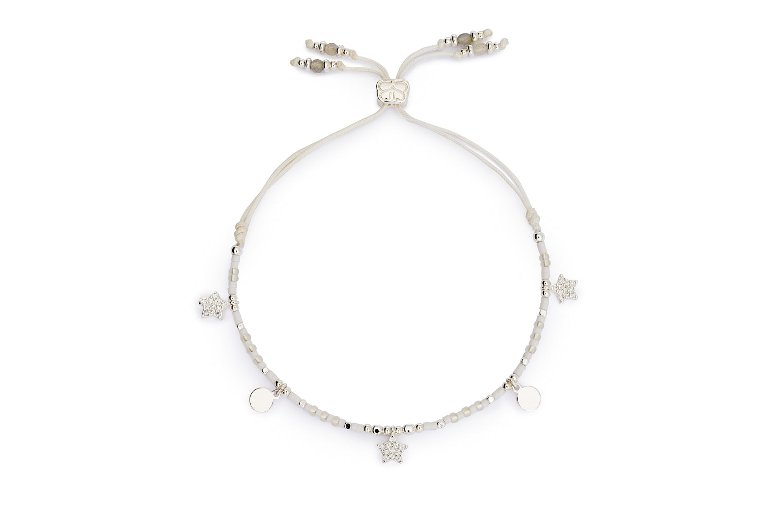 Rania White & Silver Beaded Star Charm Bracelet with white Miyuki beads, silver star charms, and adjustable cord for celestial styling.