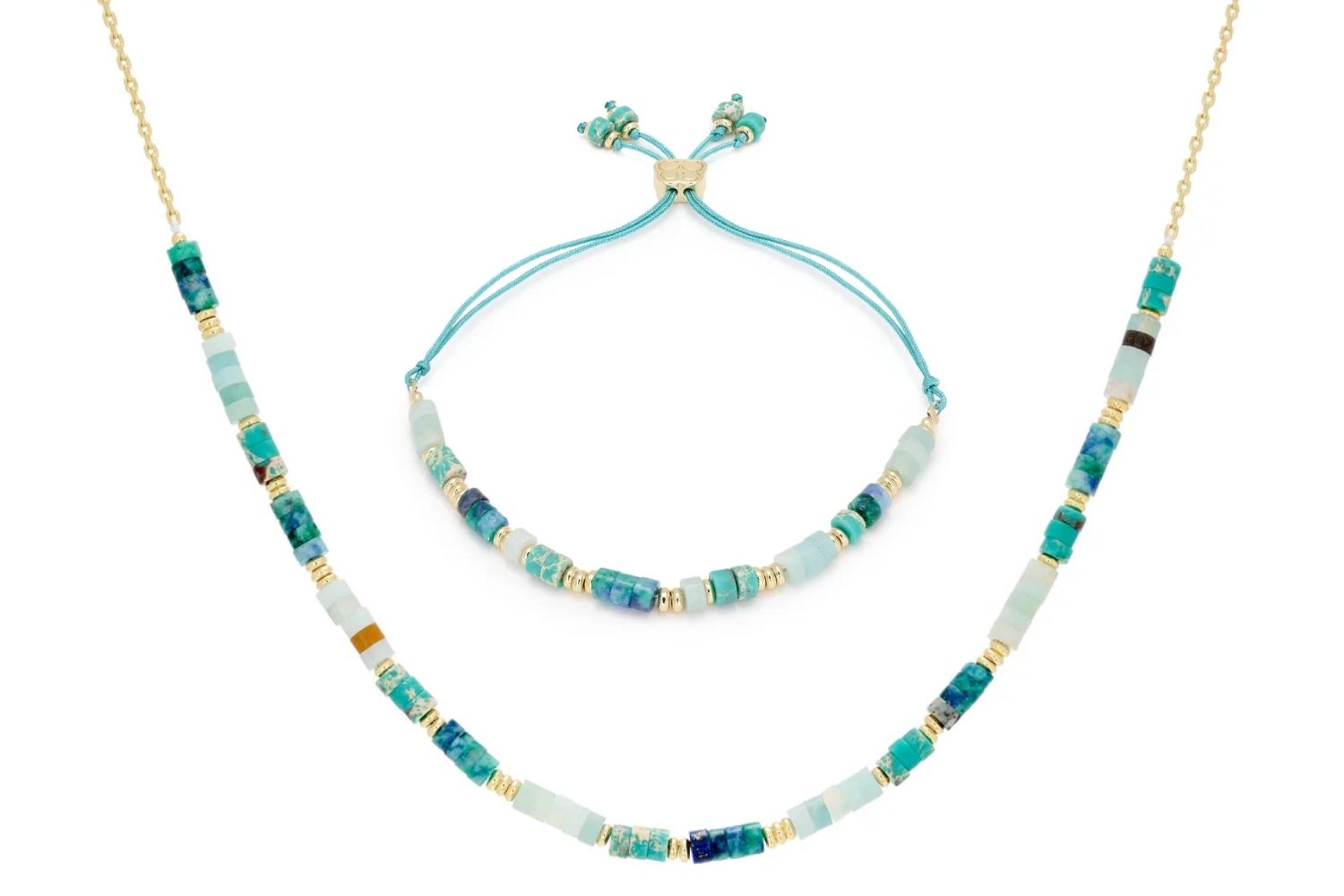 Rayne Turquoise Gold Necklace and Bracelet Set featuring turquoise howlite, amazonite, synthetic imperial jasper, and Phoenix lapis gemstones with 12k gold-plated accents for a vibrant, summer-ready jewellery look.