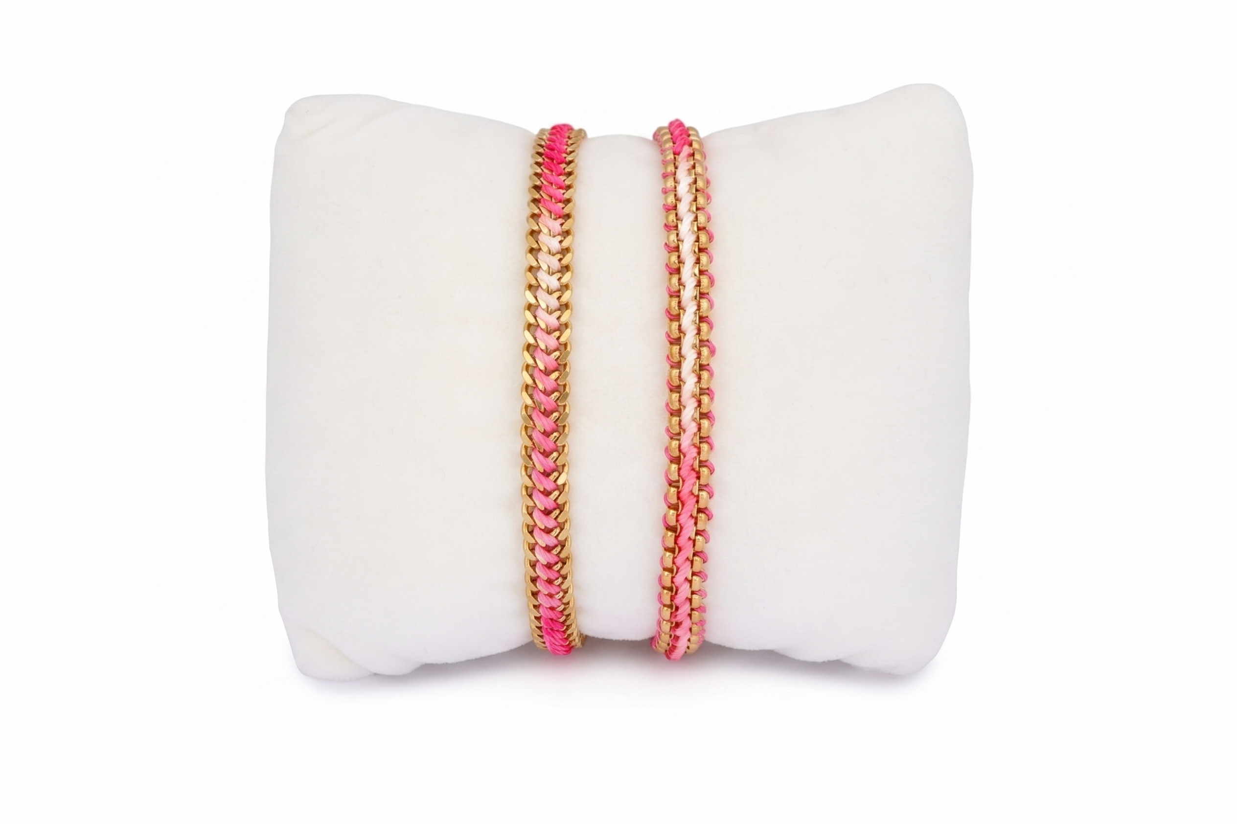 Redang Pink & Gold Bracelet Stack with Bloom snake-chain braid and Athena curb-chain braid, pink ombré thread, 14k PVD gold, adjustable sliders