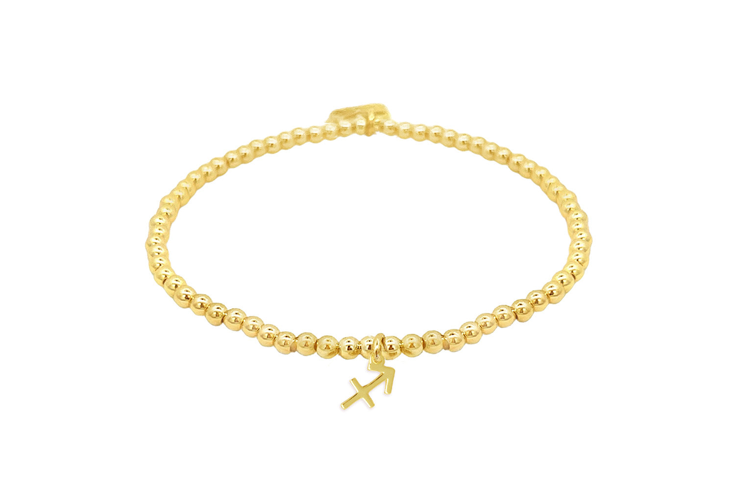 Gold stretch bead bracelet featuring a polished Sagittarius zodiac charm and Boho Betty signature tag, designed for astrology lovers.