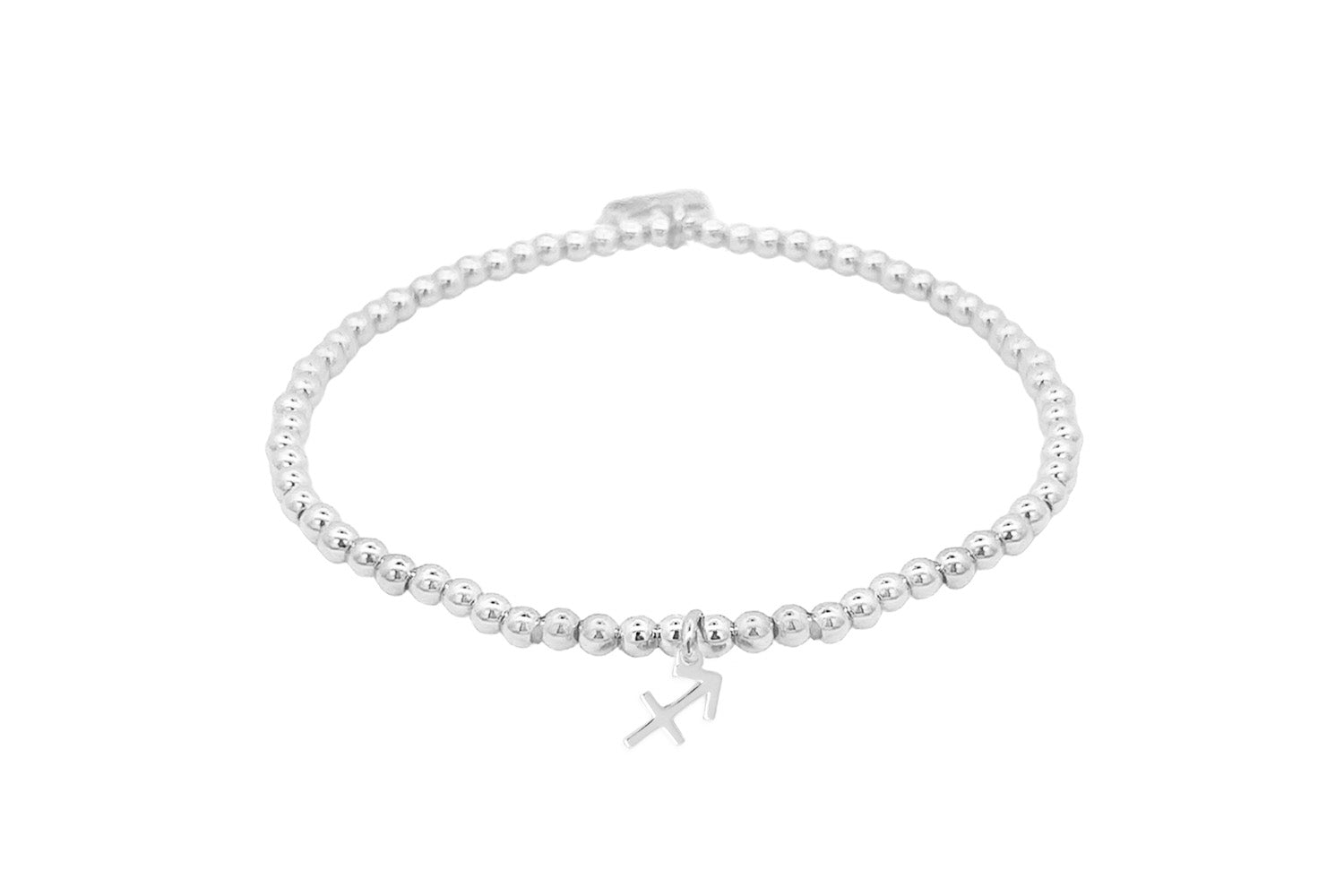 Silver stretch bead bracelet featuring a polished Sagittarius zodiac charm and Boho Betty signature tag, designed for astrology lovers.