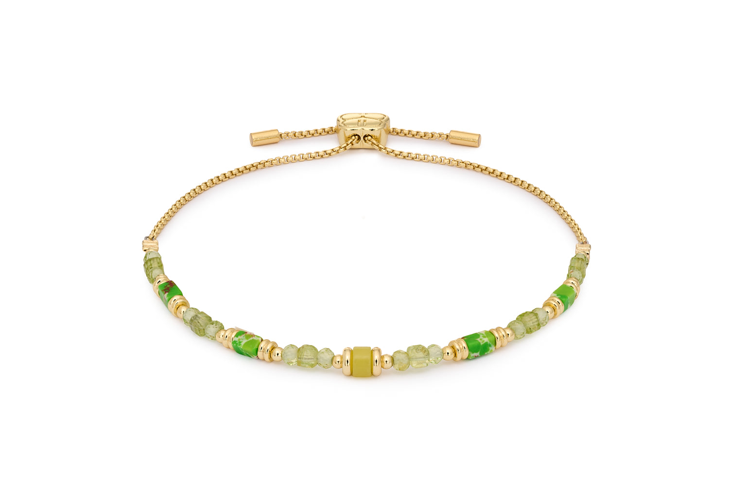 Salma Gold & Peridot Gemstone Slider Bracelet featuring faceted peridot gemstones and 12k gold-plated brass accents with adjustable slider fit up to 26cm.