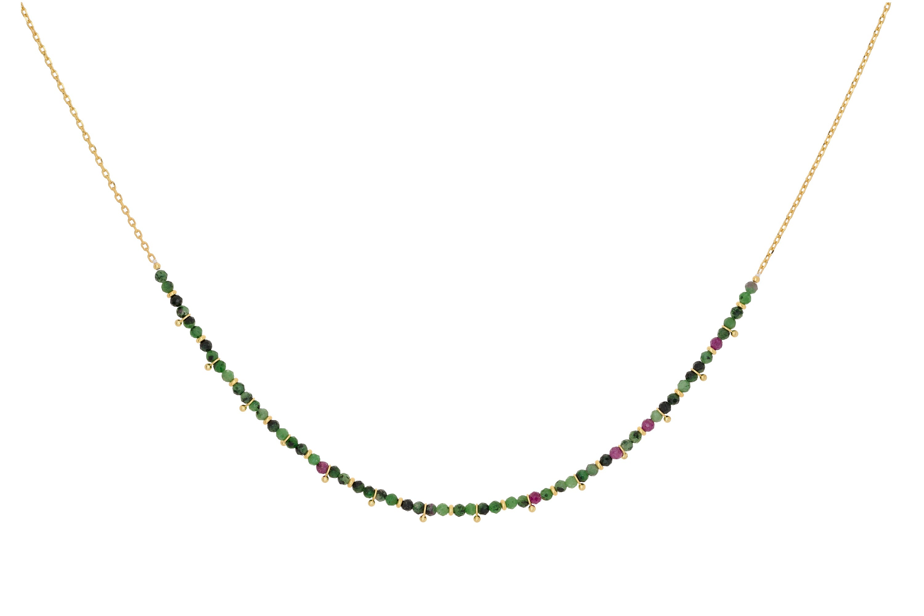 Salus Ruby Zoisite Gold Necklace with natural ruby zoisite gemstones, gold aura beads, and adjustable chain for a colourful boho jewellery look.