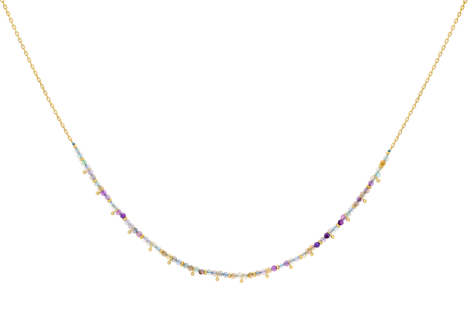 Salus Rainbow Fluorite Gold Necklace featuring a cascading mix of soft purple, blue, and golden fluorite beads along a fine gold-plated chain with delicate charm accents.