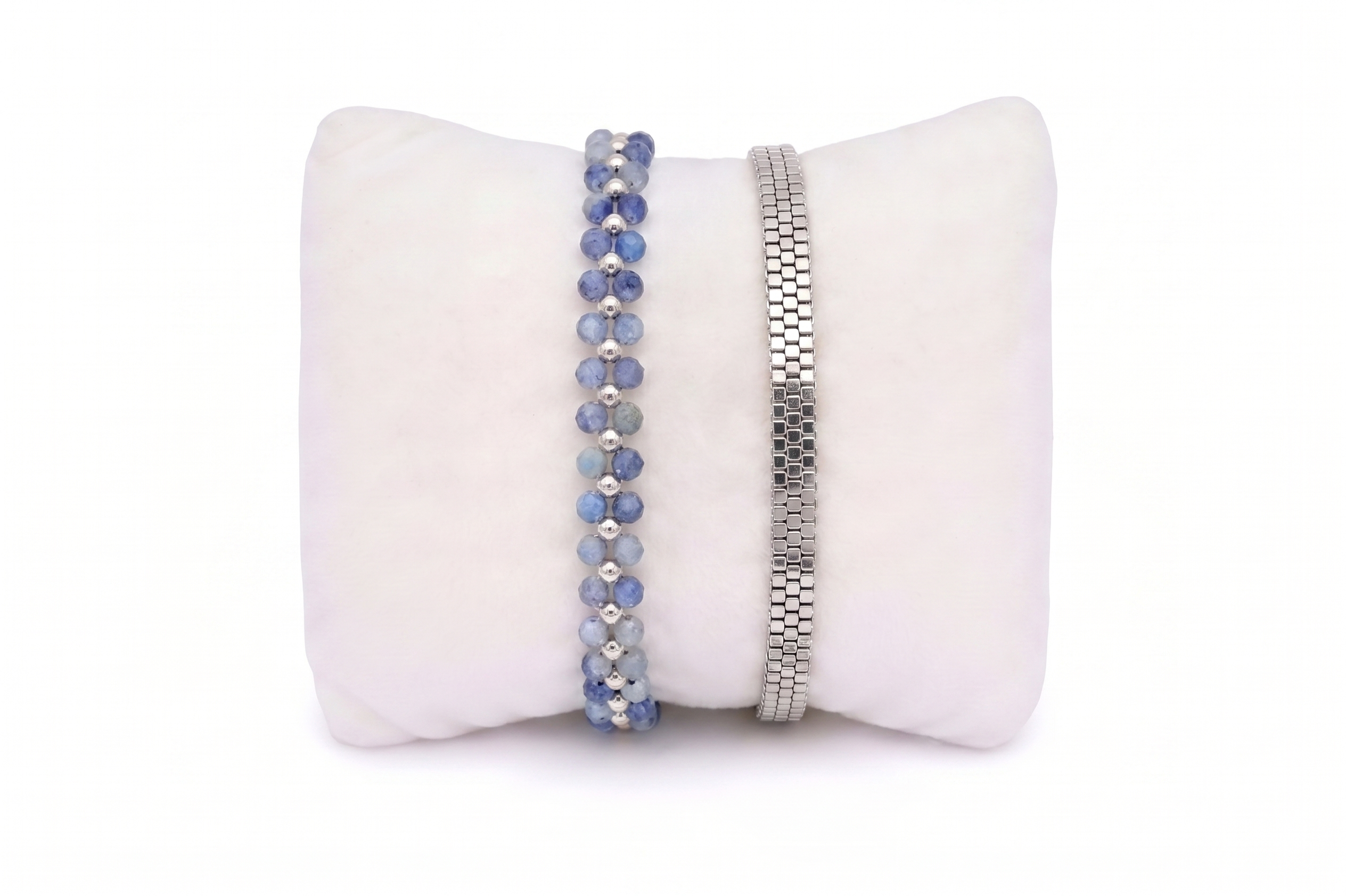 Samay blue aventurine silver bracelet stack, faceted blue gemstones with sleek silver beaded bracelet and adjustable slider fit