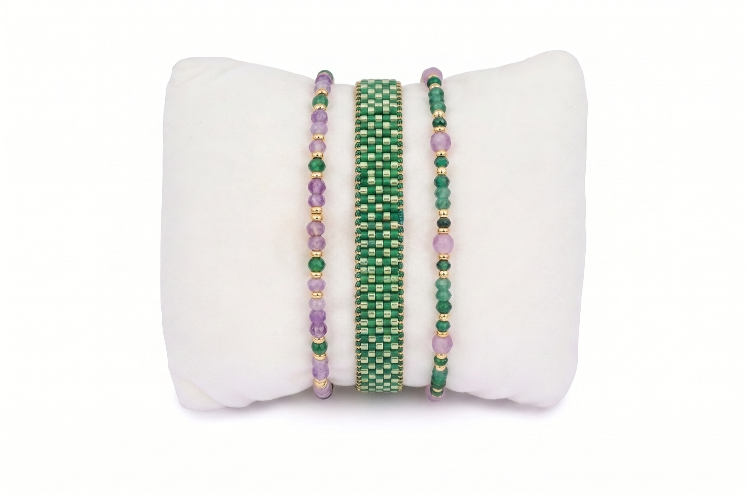 Samoa green and purple gold bracelet stack with amethyst, malachite and Miyuki beads