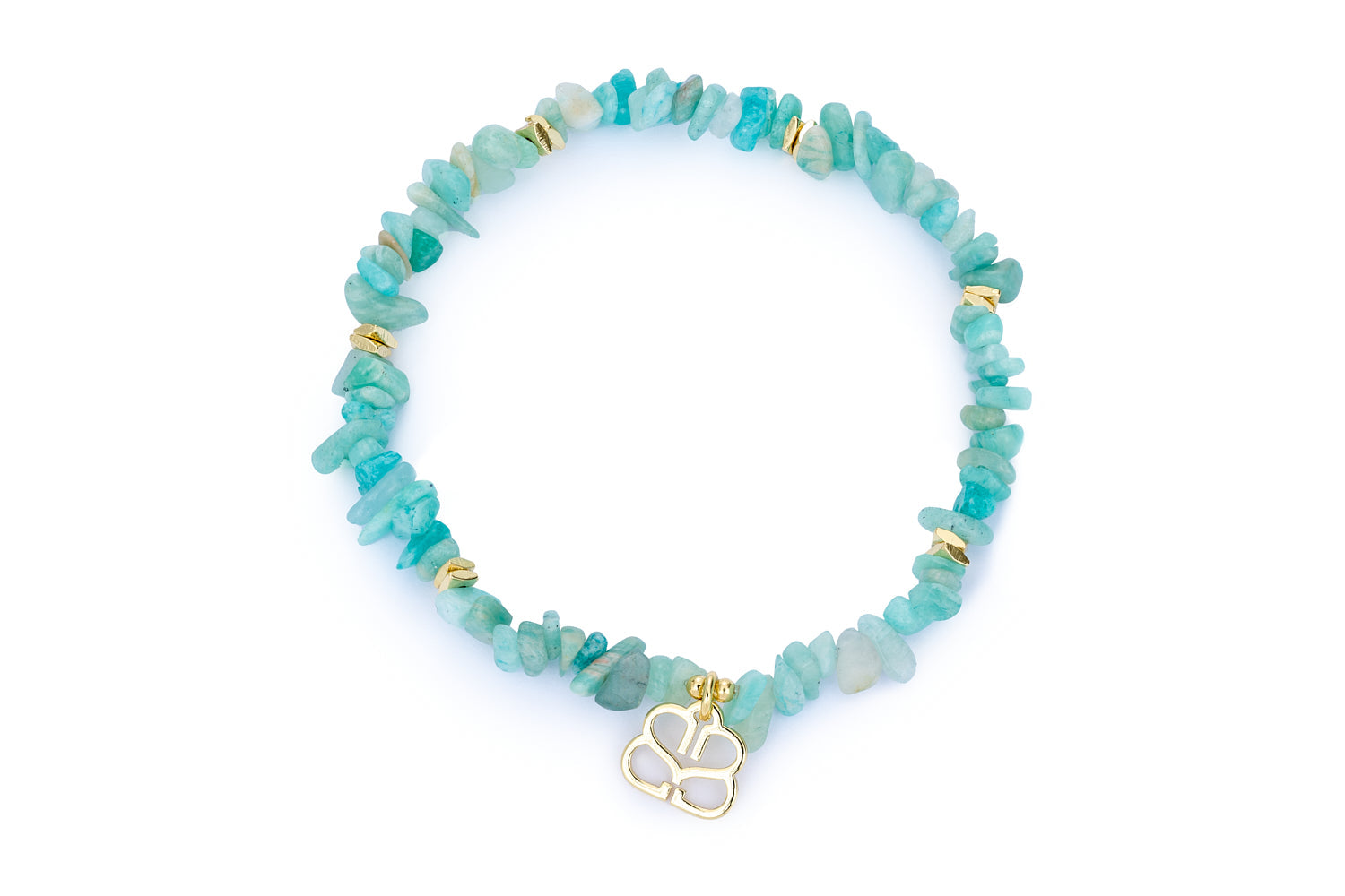 Sana Amazonite & Gold Gemstone Bracelet featuring raw-cut Amazonite gemstones in calming aqua hues, 12k gold-plated accents, and an elasticated stretch fit.