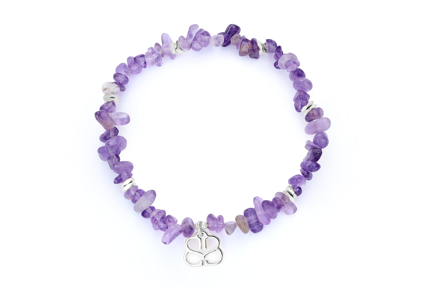 Sana Amethyst & Silver Bracelet featuring raw-cut Amethyst gemstones, sterling silver-plated accents, and a flexible stretch fit—designed for effortless stacking.