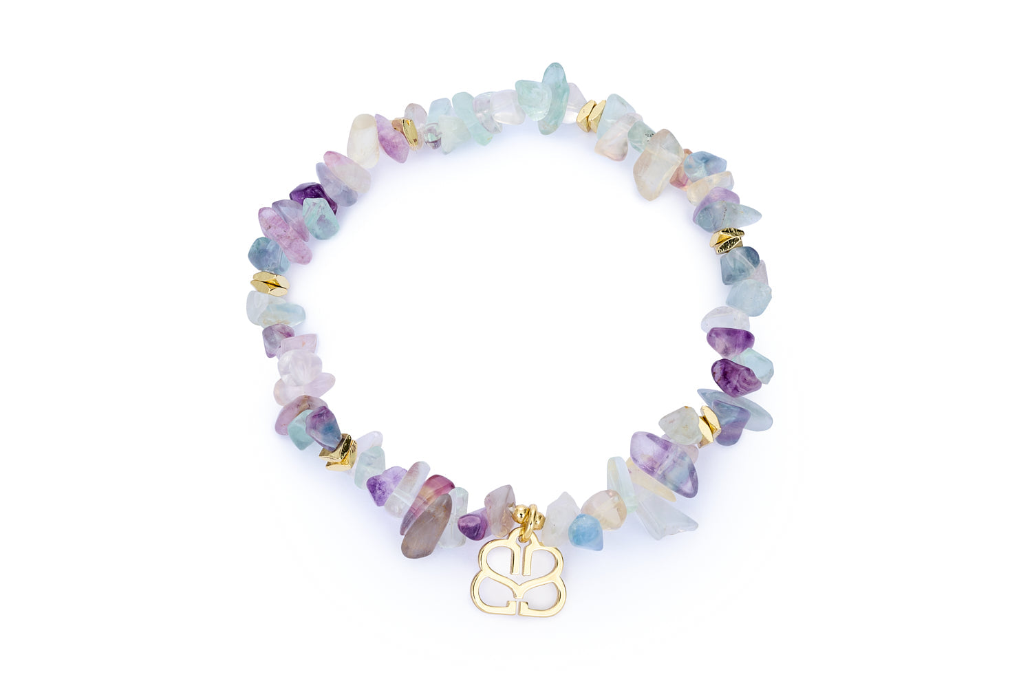 Sana Gold & Rainbow Fluorite Crystal Bracelet featuring rough-cut rainbow fluorite beads in soft lilac, green, and blue hues, accented with 12k gold-plated details in an elasticated stretch design.