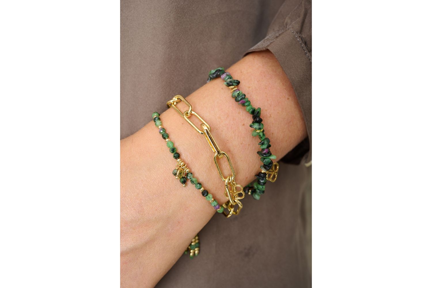 Sana Ruby Zoisite Bracelet styled with summer jewellery stack for a vibrant, joyful, and feel-good look.