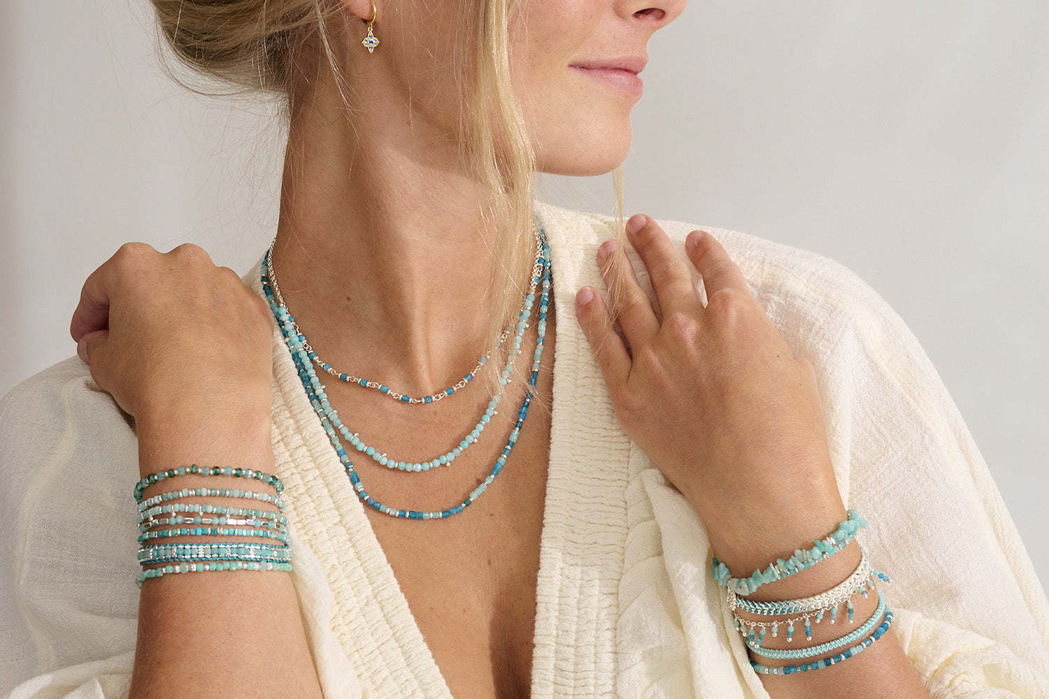 Sana Silver & Amazonite Crystal Bracelet styled on the wrist, showcasing tranquil blue-green Amazonite beads, silver details, and a lightweight boho-chic aesthetic—perfect for layering.