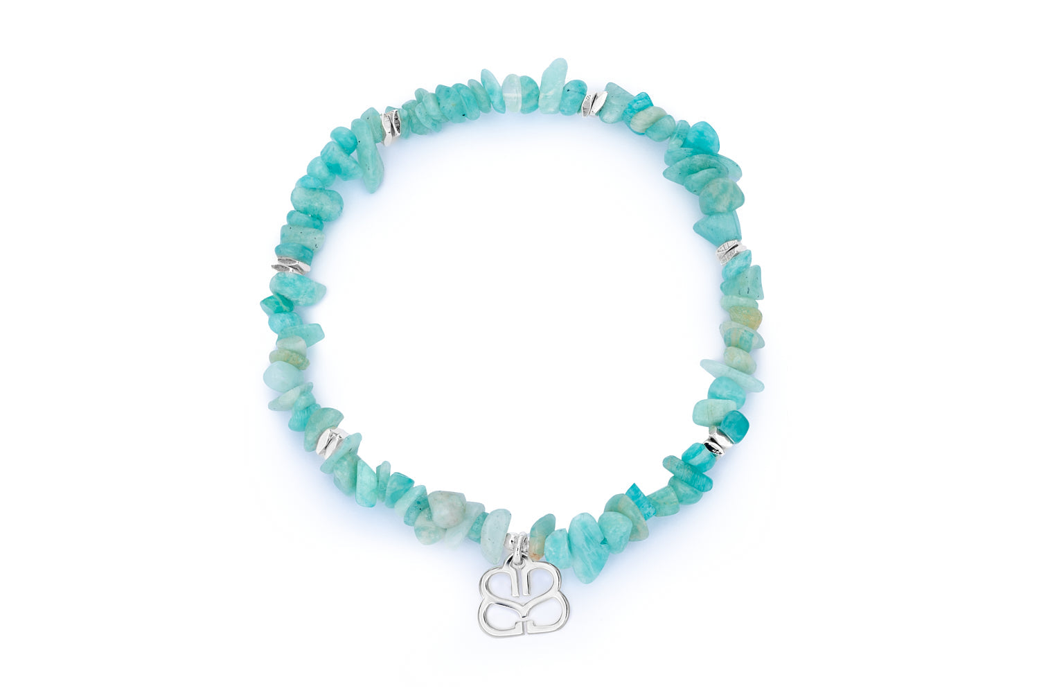 Sana Silver & Amazonite Crystal Bracelet featuring raw-cut Amazonite gemstones, polished silver beads, and a flexible stretch fit design for comfortable everyday wear.