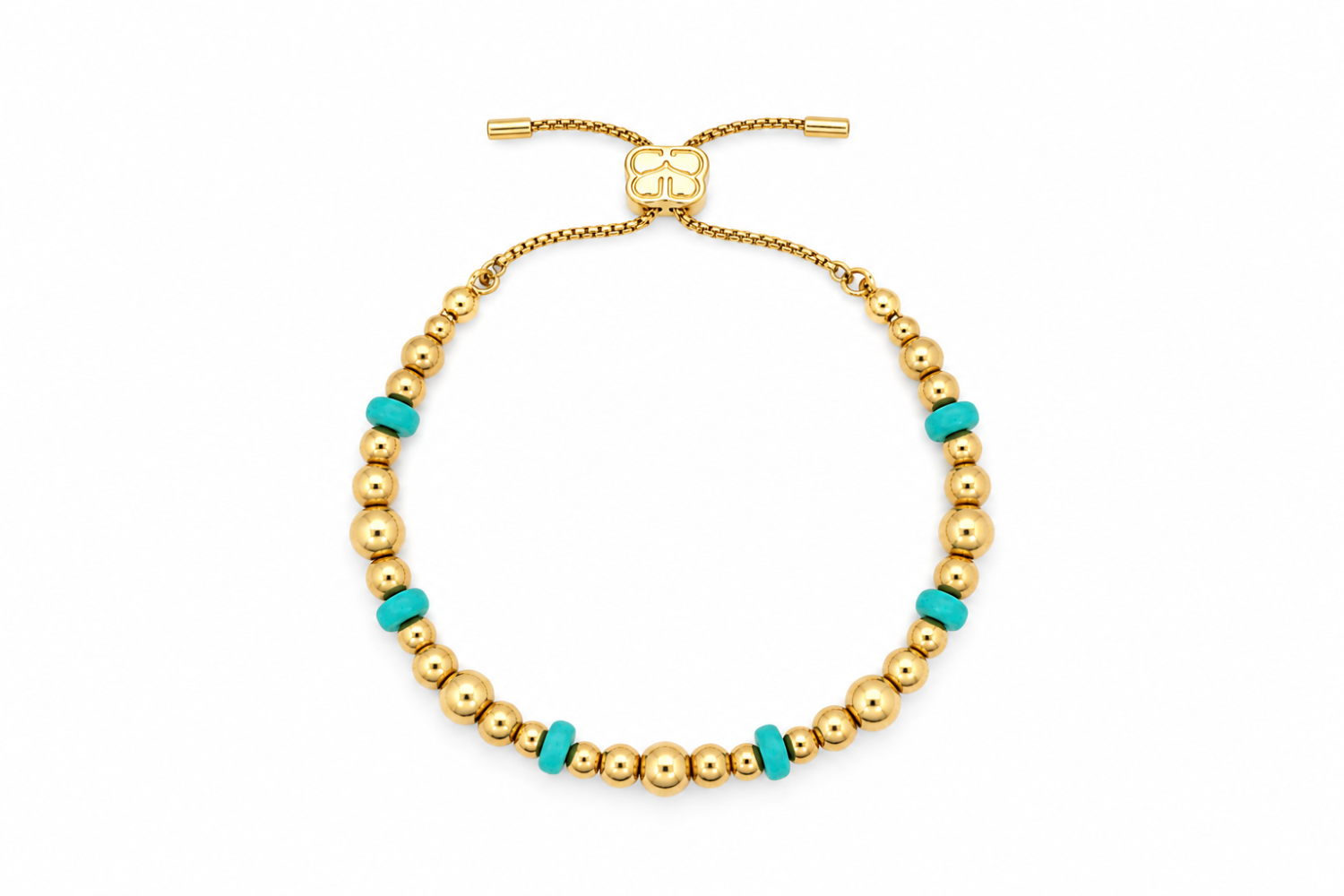 Sela Turquoise Howlite Gold Bead Slider Bracelet featuring turquoise howlite gemstones and polished waterproof 14k gold PVD beads.