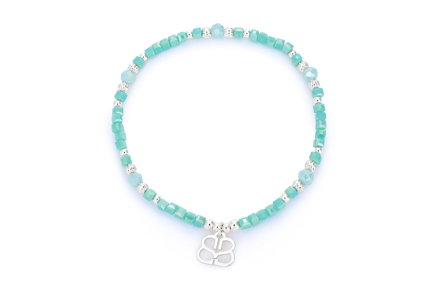 Seraphina Silver & Aqua Stretch Bead Bracelet featuring a mix of soft aqua and ocean blue beads, accented with sterling silver-plated details in a comfortable stretch fit design.