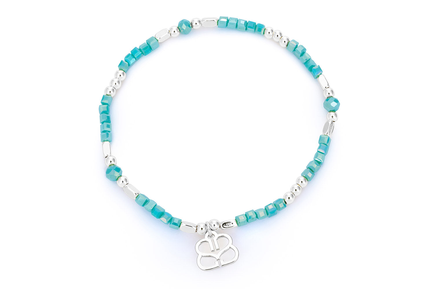 Seraphina Silver & Turquoise Stretch Bead Bracelet featuring a mix of vibrant teal and ocean blue beads, accented with sterling silver-plated details in a comfortable stretch fit design.
