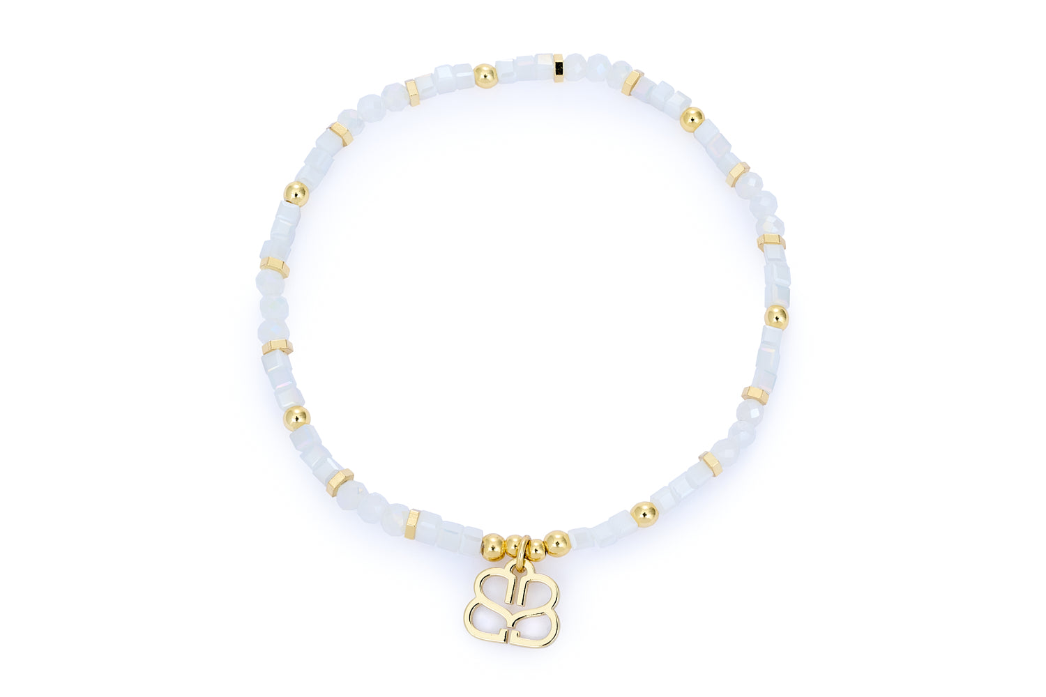 Seraphina White & Gold Bead Bracelet featuring milky-white beads, 12k gold-plated accents, and a signature Boho Betty charm on an 18cm stretch design for effortless layering and everyday wear.