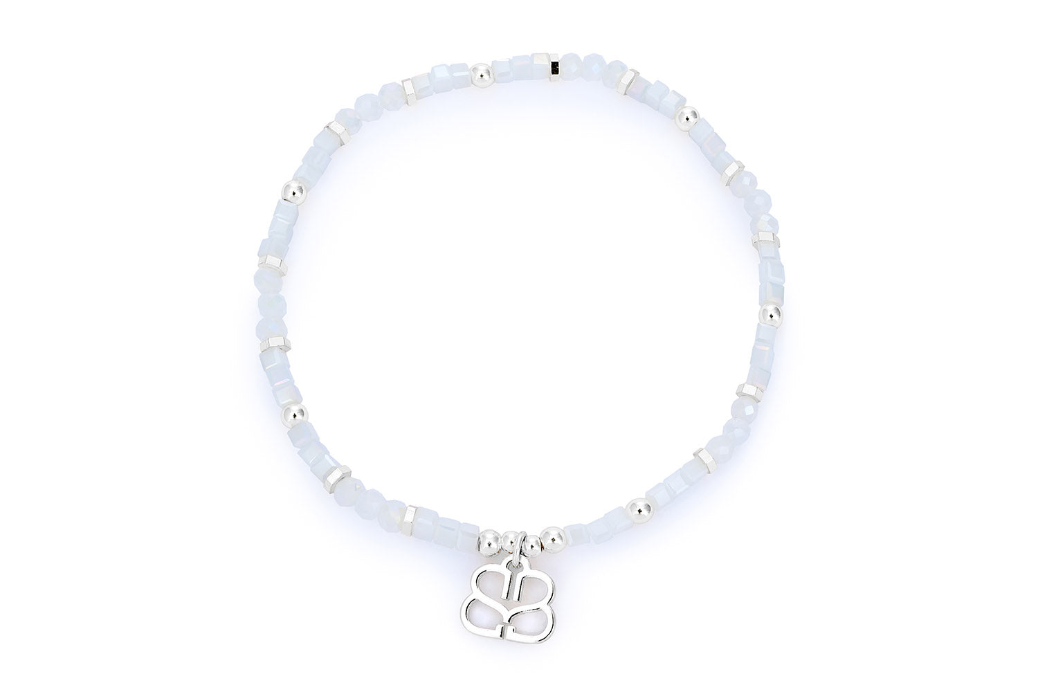 Seraphina White & Silver Stretch Bead Bracelet featuring soft white beads, sterling silver-plated accents, and a signature Boho Betty charm on an 18cm stretch design for easy wear and effortless layering.