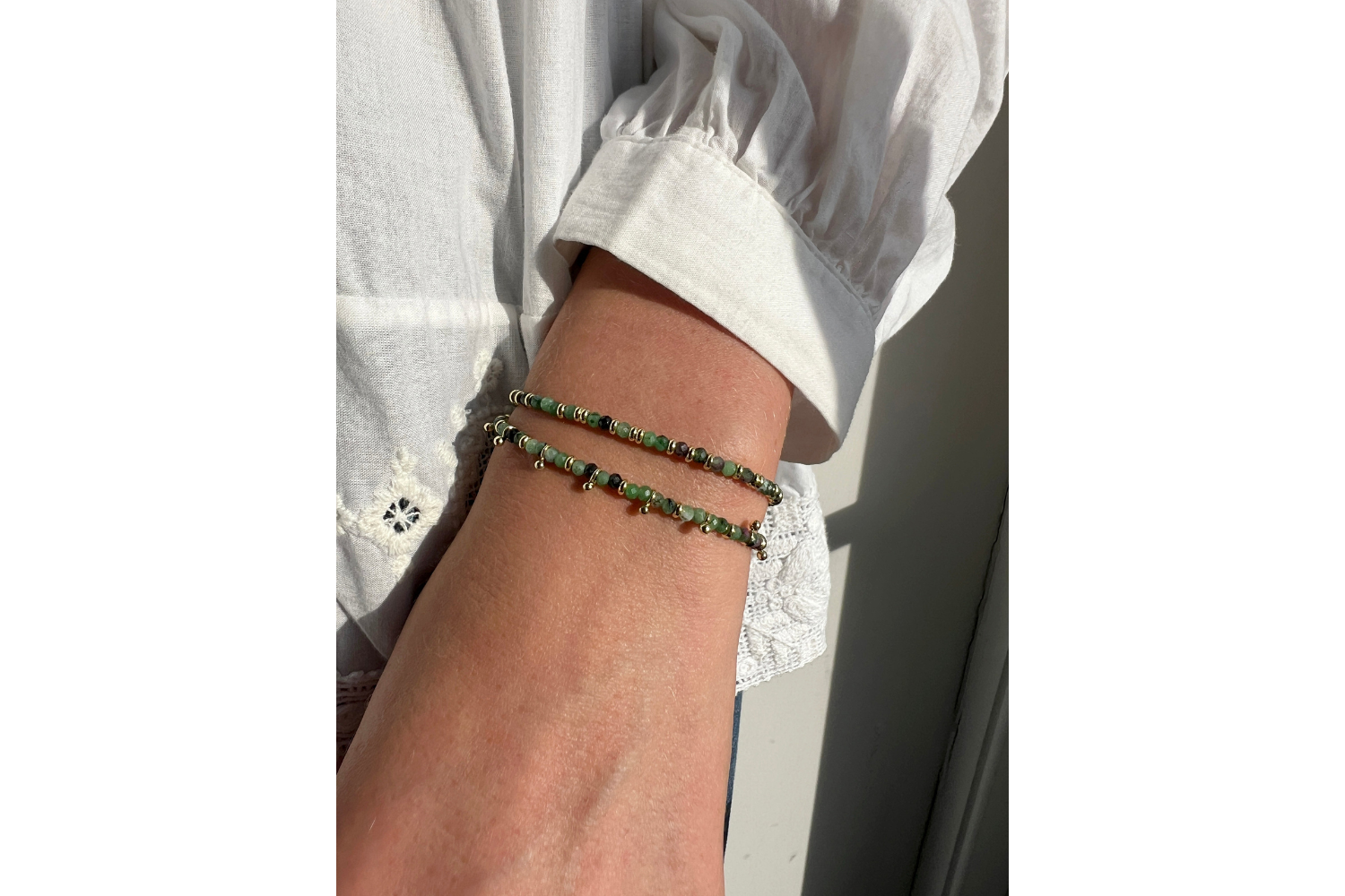 Serenity Ruby Zoisite Bracelet Stack styled with soft pinks and greens, layered with other boho gold jewellery—ideal for soulful gifts and everyday growth.