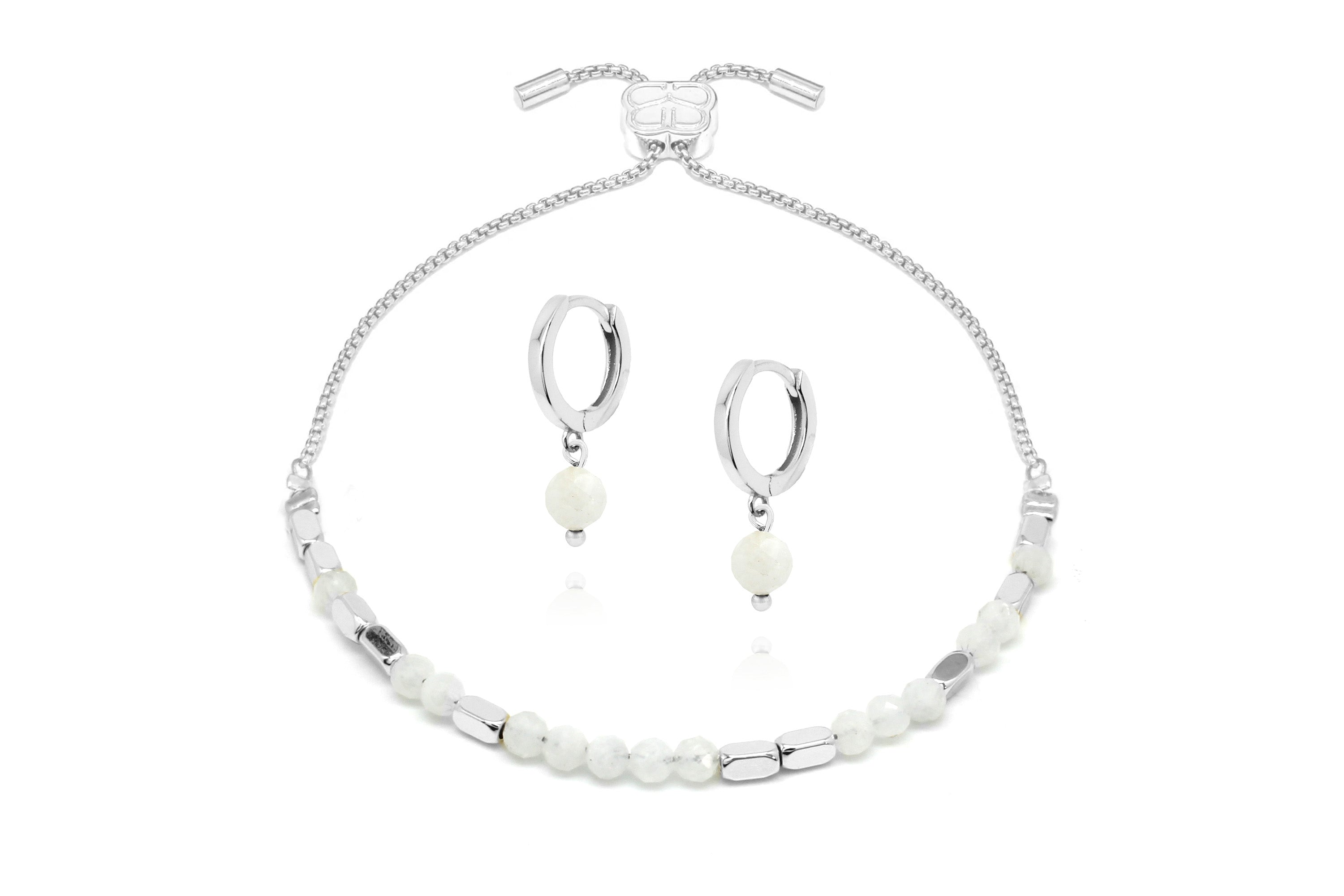 Morse Code Gemstone Silver Bracelet & Earring Set#color_Moonstone