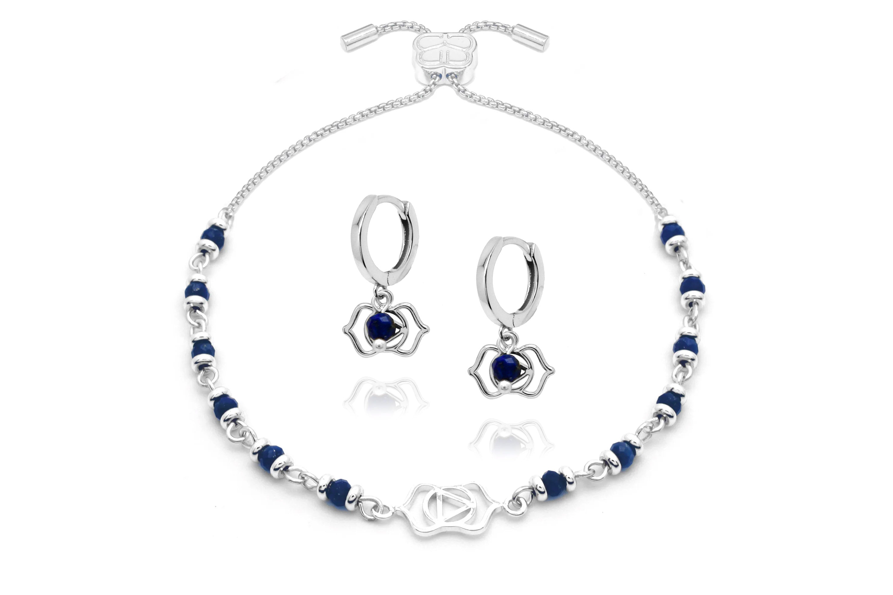 Chakra  Silver Third Eye Bracelet Earring Set#color_Lapis Lazuli