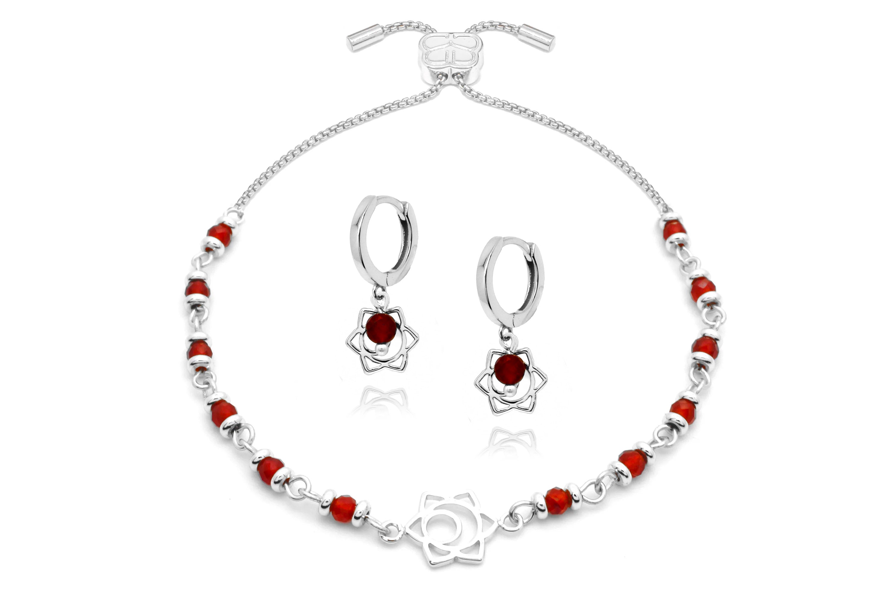 Chakra Sacral Silver Bracelet Earring Set#color_Carnelian