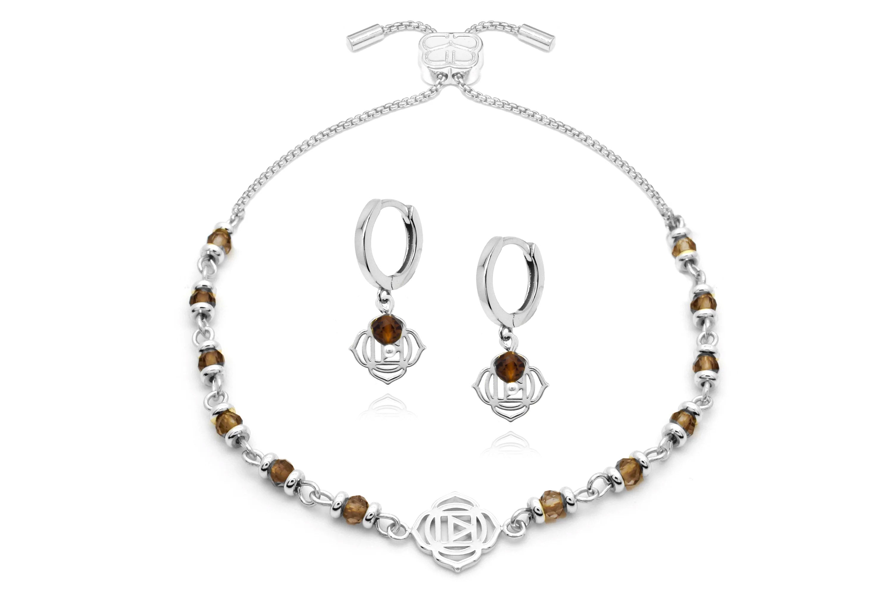 Chakra Root Silver Bracelet Earring set#color_Smokey Quartz
