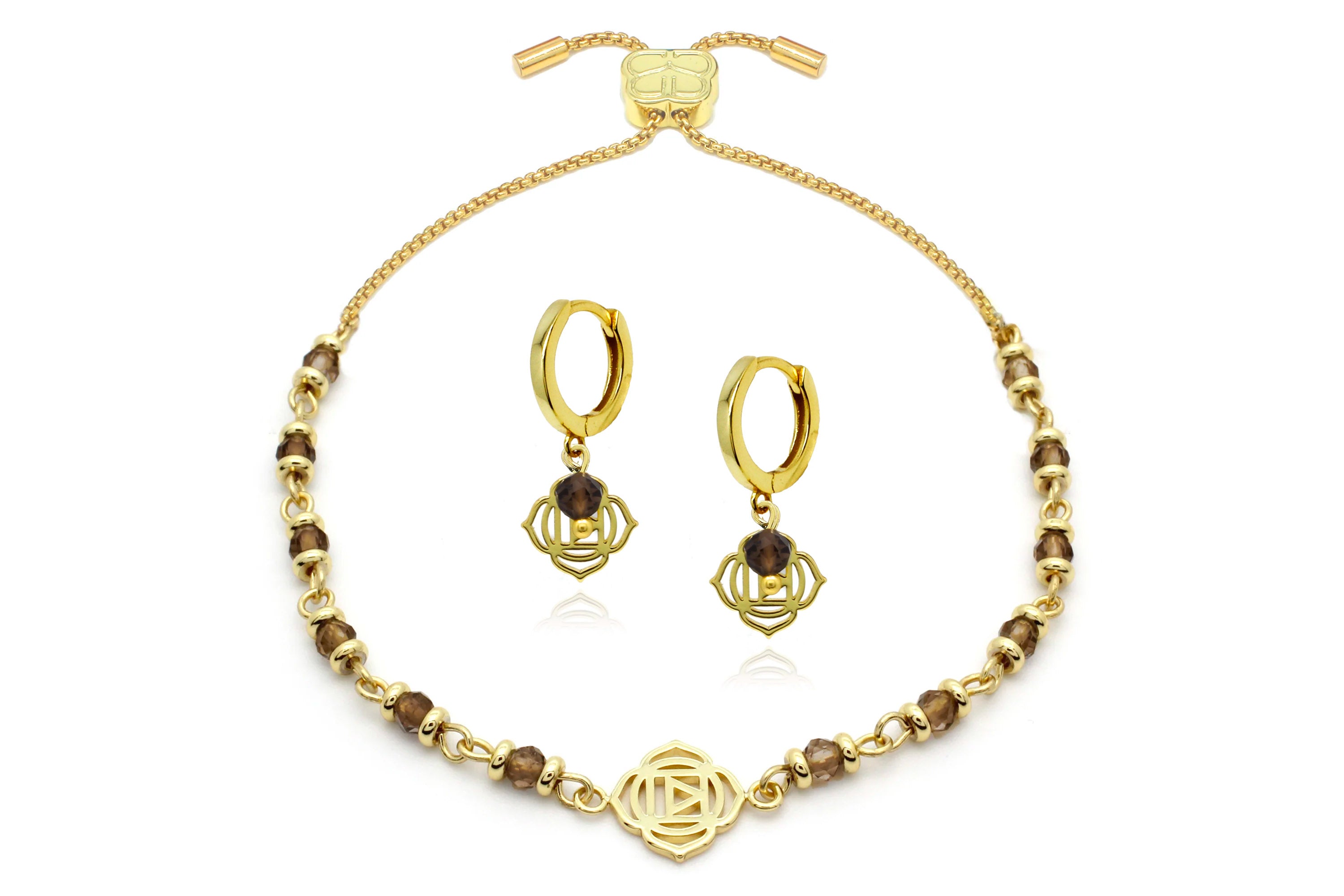 Chakra Gold Bracelet Earring#color_Smokey Quartz
