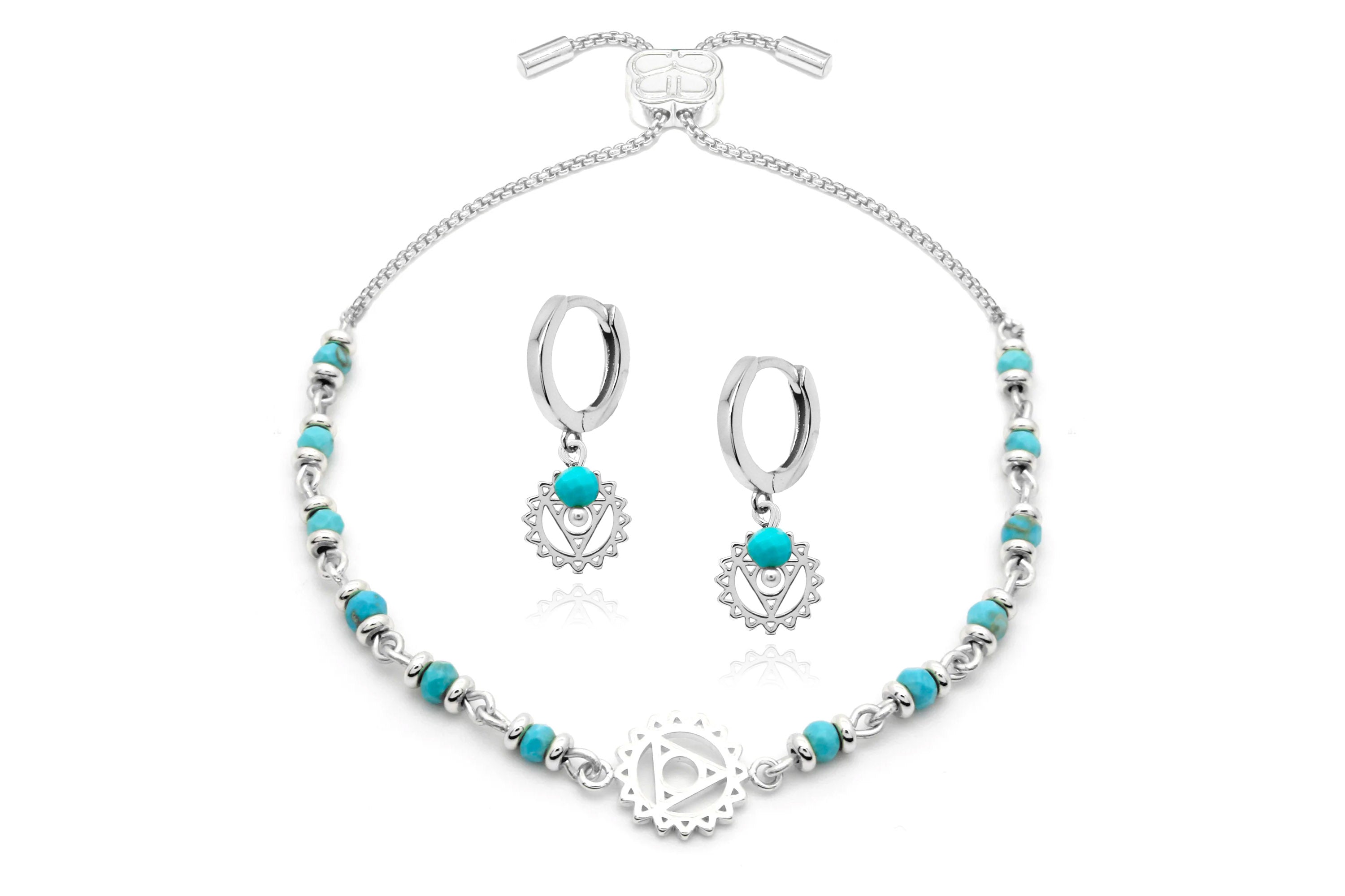 Chakra Throat Silver Bracelet Earring Gift Set#color_Turquoise