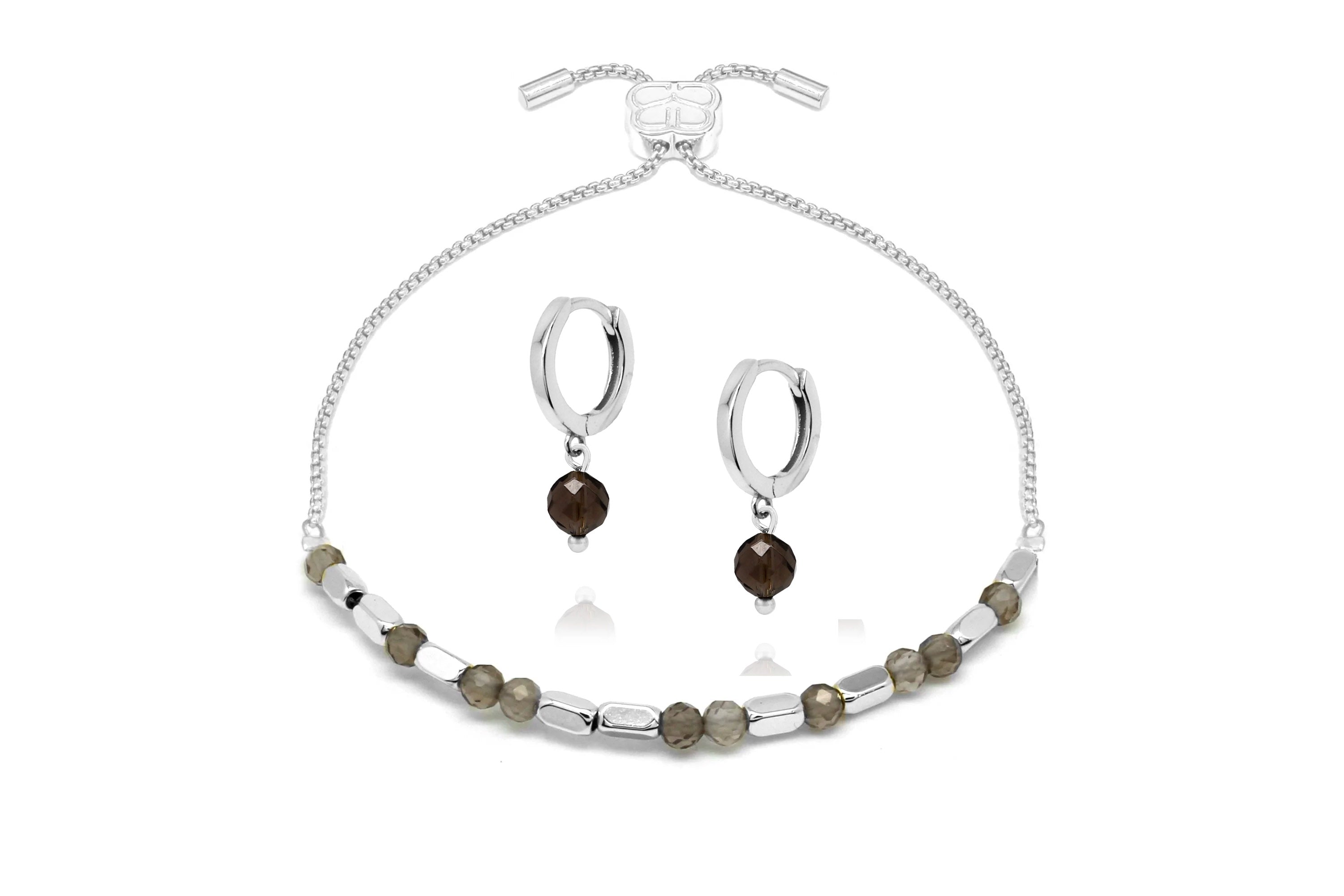 Morse Code Gemstone Silver Bracelet & Earring Set#color_Smokey Quartz